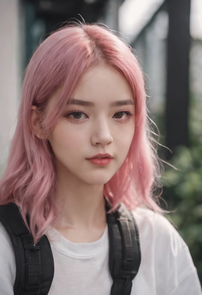Anime girl with pink hair with backpack, She is seen wearing streetwear pieces, with pink hair, portrait of jossi of blackpink, ulzzangs, ((Pink)), jossi of blackpink, lalisa manoban of blackpink, wearing cyberpunk streetwear, japanese streetwear, With long hair, Anime girl in real life, Casual pose, Pink girl
