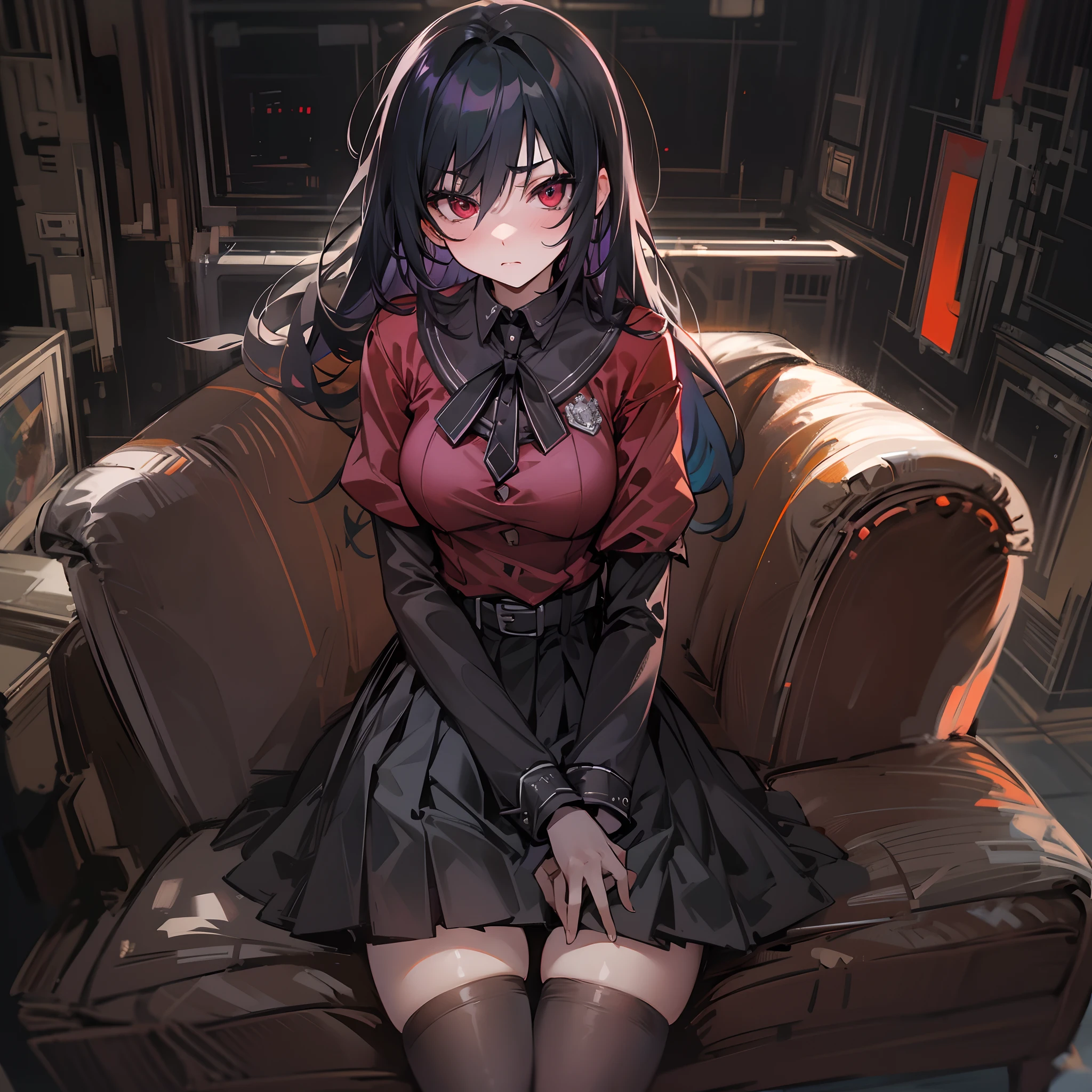 This is a picture of a girl that is mad at the viewer, masterpiece, 8k, highres, top-quality, Extremely detailed, black hair, dark red eyes,black shirt, black miniskirt, sharp eyes, sharp face, tsundere, anime style, sitting on a cushioned chair, crossed legs, close-up view, ultra detailed living room background