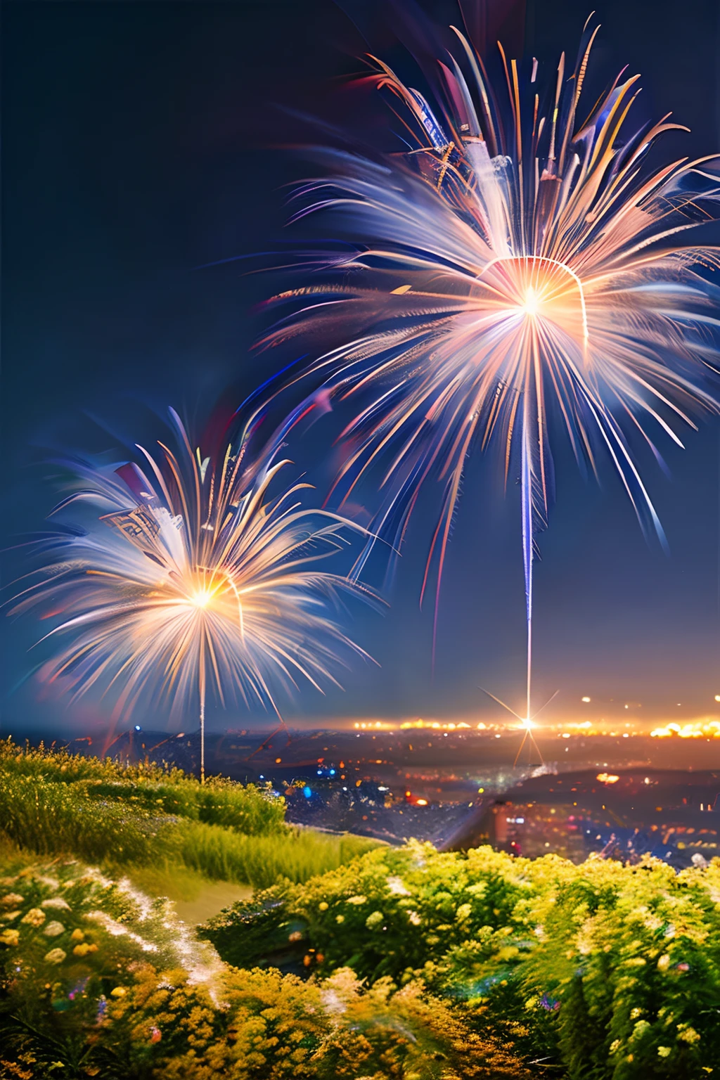 Best Quality, masuter piece, 超A high resolution, (Photorealistic:1.4), Raw photo, Professional Lighting, high-level image quality, high-detail, ​masterpiece、sparklers、nigh sky、landscapes、nighttime scene