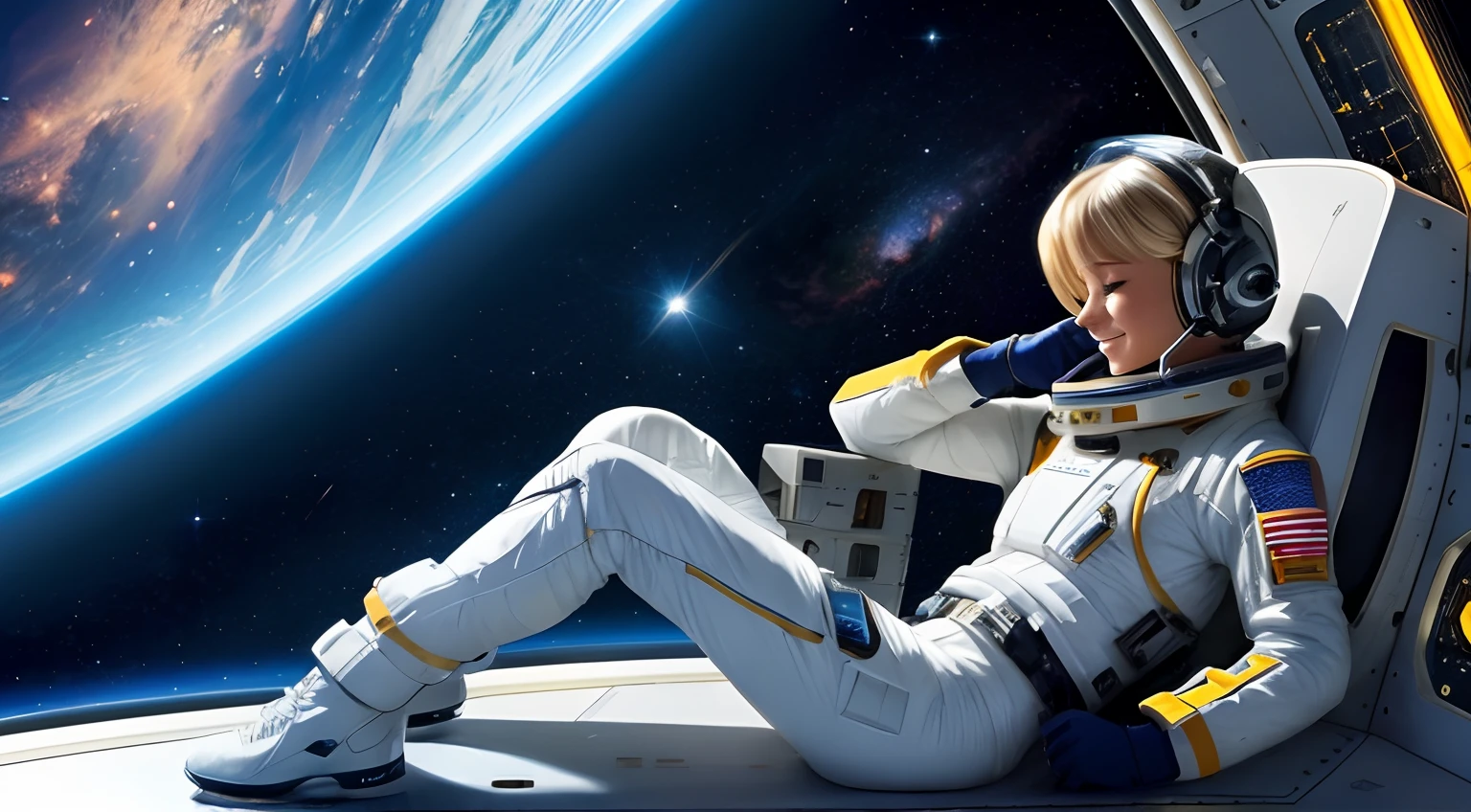 realistic Illustration of a short blond female pilot exploring space ultra-high definition detail, She sits in her bedroom on the spaceship ultra-high definition detail, taking a rest listening to music exploring the unknown realm of the universe, It is characterized by her calm and brave figure, The background is an expanse of outer space with galaxies and nebula across space. The costume is a spaceship pilot's suit, ultra-high definition detail, deep space, she is in the space station, she is smiling, enjoying the music, she has her eyes open, comet leaving a trail of dust in the background