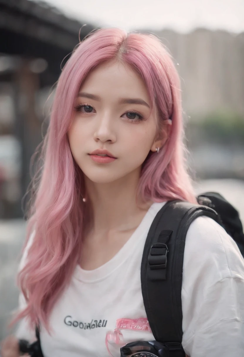 Anime girl with pink hair with backpack, She is seen wearing streetwear pieces, with pink hair, portrait of jossi of blackpink, ulzzangs, ((Pink)), jossi of blackpink, lalisa manoban of blackpink, wearing cyberpunk streetwear, japanese streetwear, With long hair, Anime girl in real life, Casual pose, Pink girl