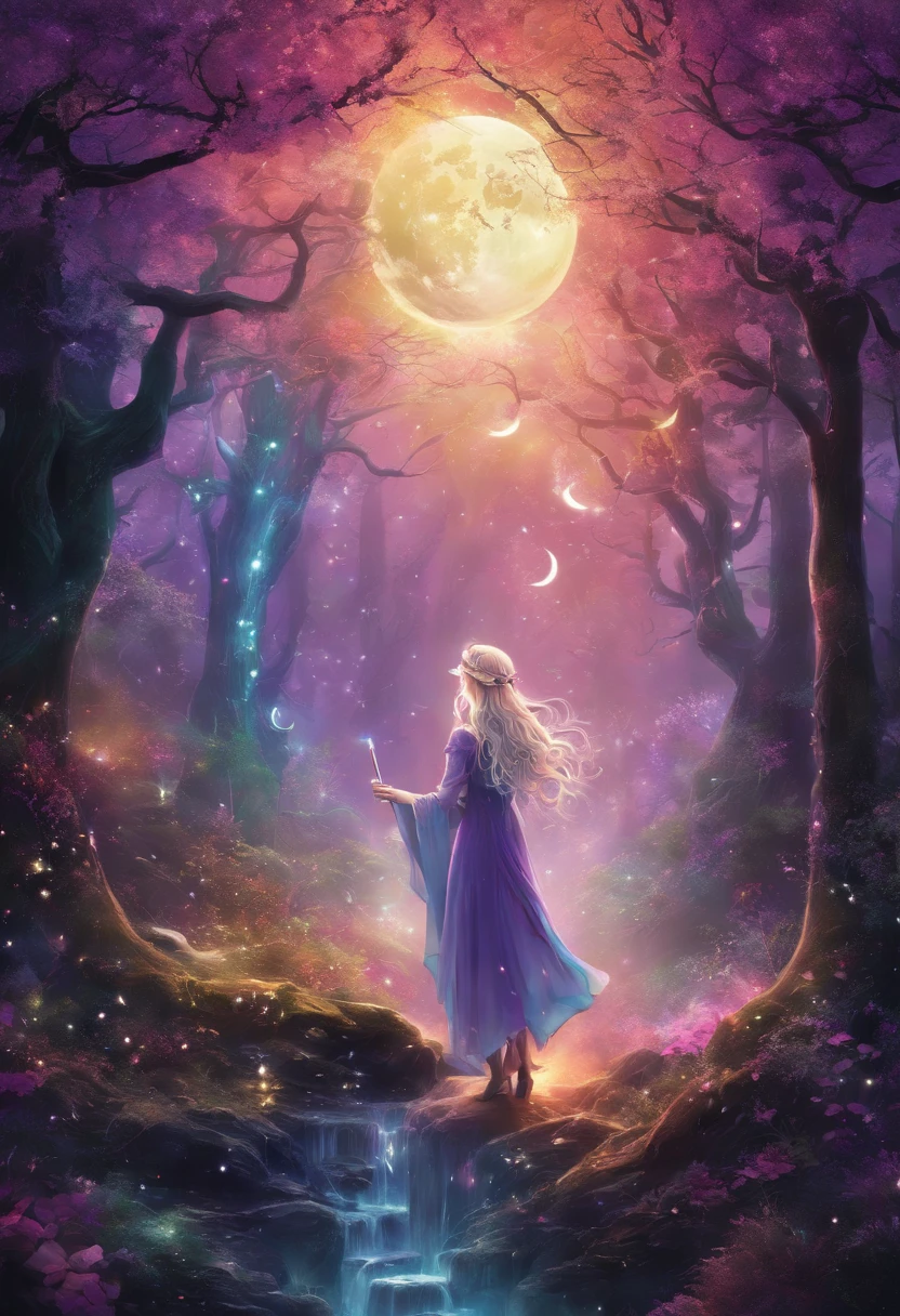 (best quality,4k,8k,highres,masterpiece:1.2),ultra-detailed,(realistic,photorealistic,photo-realistic:1.37),female with glowing purple eyes,blonde hair,witch,goddess,casting glowing spells,in mystical fantasy woods,illustration,magical atmosphere,mystical creatures,rays of light,ethereal beauty,enchanting landscape,vibrant colors,surreal dreamscape,hint of fog,dark forest,enchanted trees,whispering leaves,moonlit sky,sparkling stars,casting a spell,ancient runes,flowing gown,magical wand,aura of power,divine presence,powerful and mystical,ethereal and magical,moon goddess,otherworldly energy,captivating and alluring,spellbinding and mysterious,magical ambiance,graceful and elegant,mesmerizing and enchanting