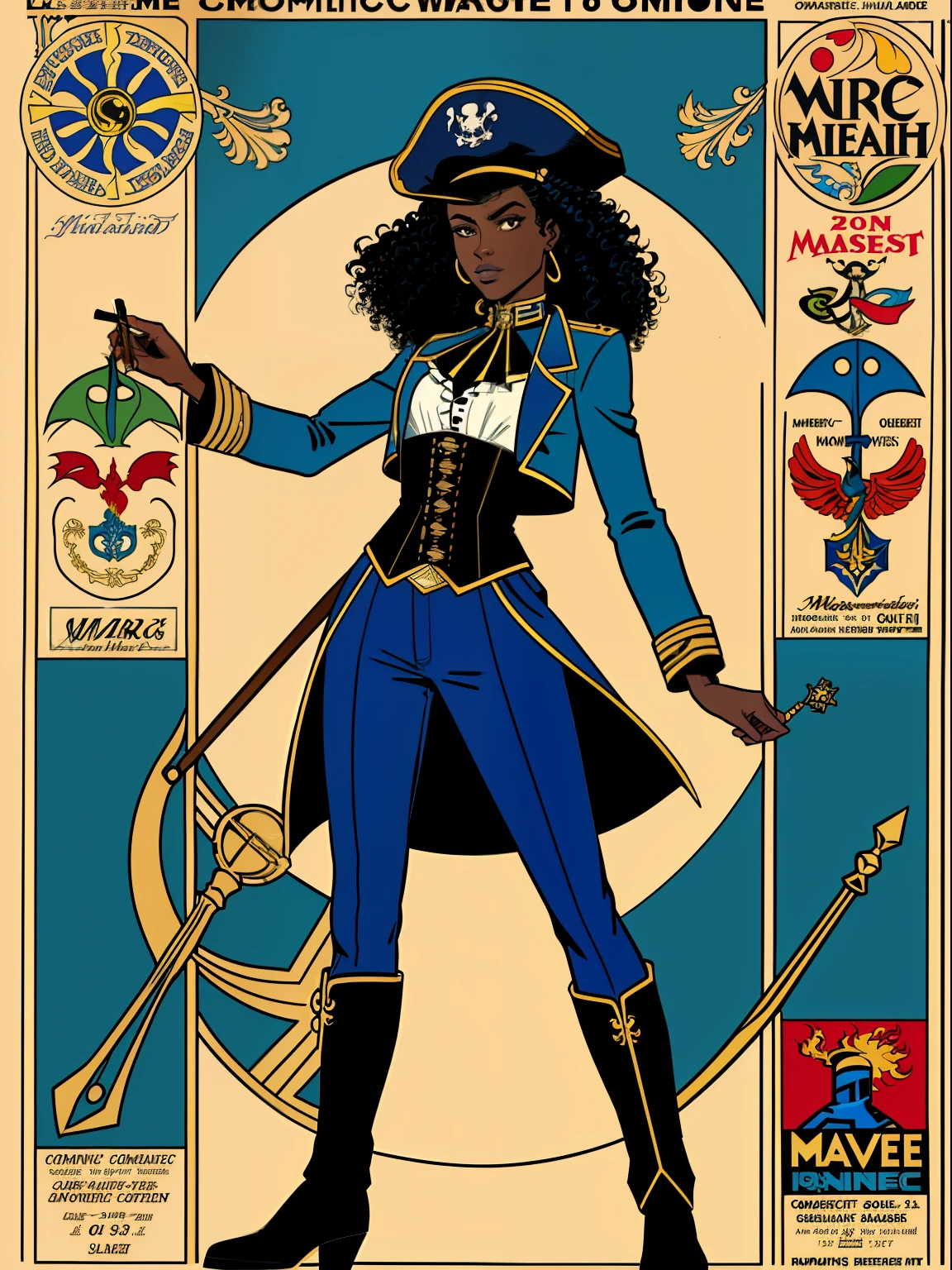 (comic style:1.3), (comic poster) (line art:1.5), (full body),(masterpiece, award winning, best quality:1.3), (flat color:1.3),(colorful:1.3), 1 girl ((solo)), Haitian, casting a spell, long curly black hair, dark skin, wearing a blue captains jacket, blue captains hat, blue pants, corset, pirate ship, cinematic, masterpiece, detailed background, detailed material textures, serious, realistic 1.35, muscular 1.2