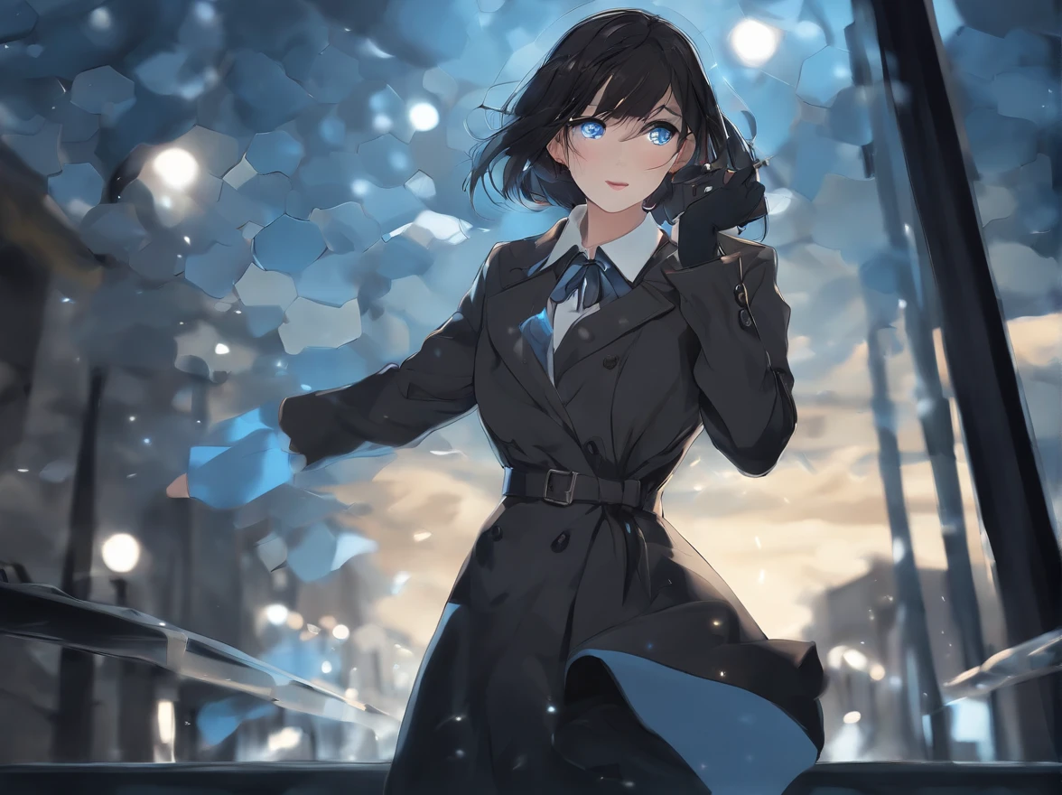 (Best Quality, masutepiece),(1girl in, trench coat,Facial expression face, Blue eyes, Looking at Viewer, Black hair, Closed mouth, dress shirts, Black skirt, reach out to viewer), (Less blue light, Turn a bunch of blue glass pieces behind, floating object, nigh sky)