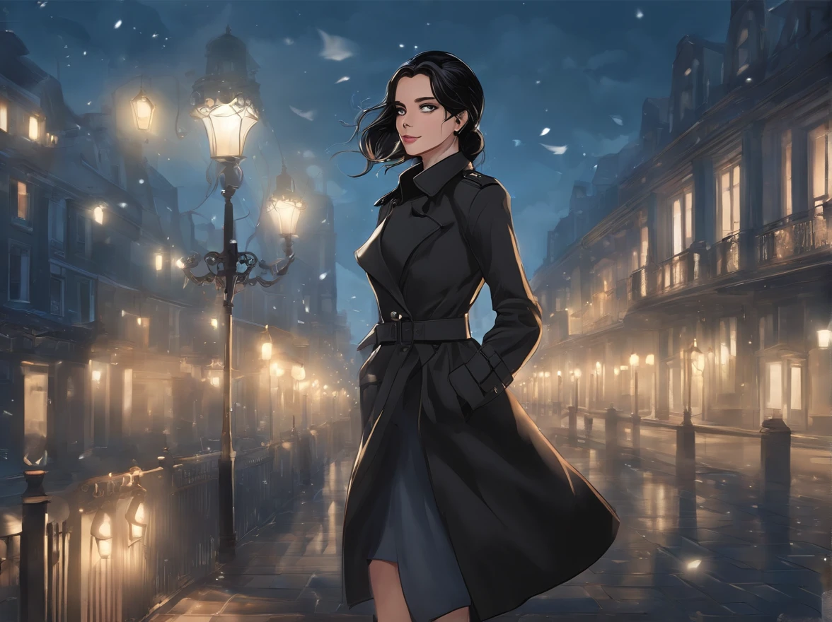 (Best Quality, masutepiece),(1girl in, trench coat,Facial expression face, Blue eyes, Looking at Viewer, Black hair, Closed mouth, dress shirts, Black skirt, reach out to viewer), (Less blue light, Turn a bunch of blue glass pieces behind, floating object, nigh sky)