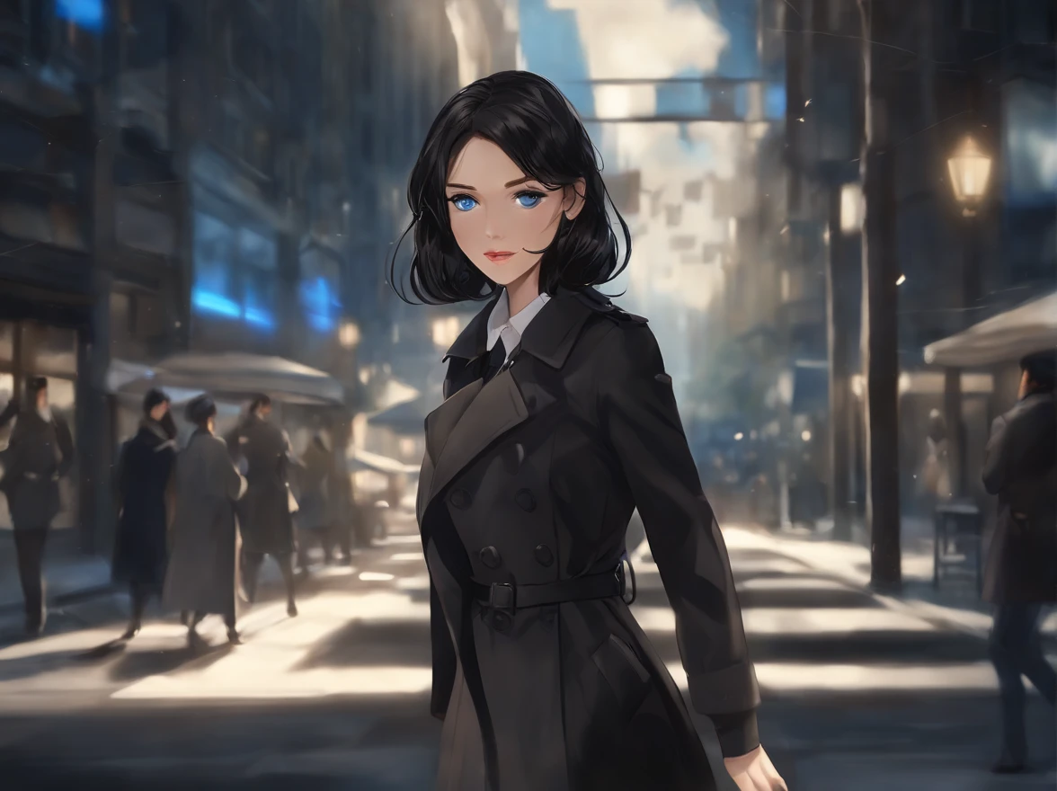 (Best Quality, masutepiece),(1girl in, trench coat,Facial expression face, Blue eyes, Looking at Viewer, Black hair, Closed mouth, dress shirts, Black skirt, reach out to viewer), (Less blue light, Turn a bunch of blue glass pieces behind, floating object, nigh sky)