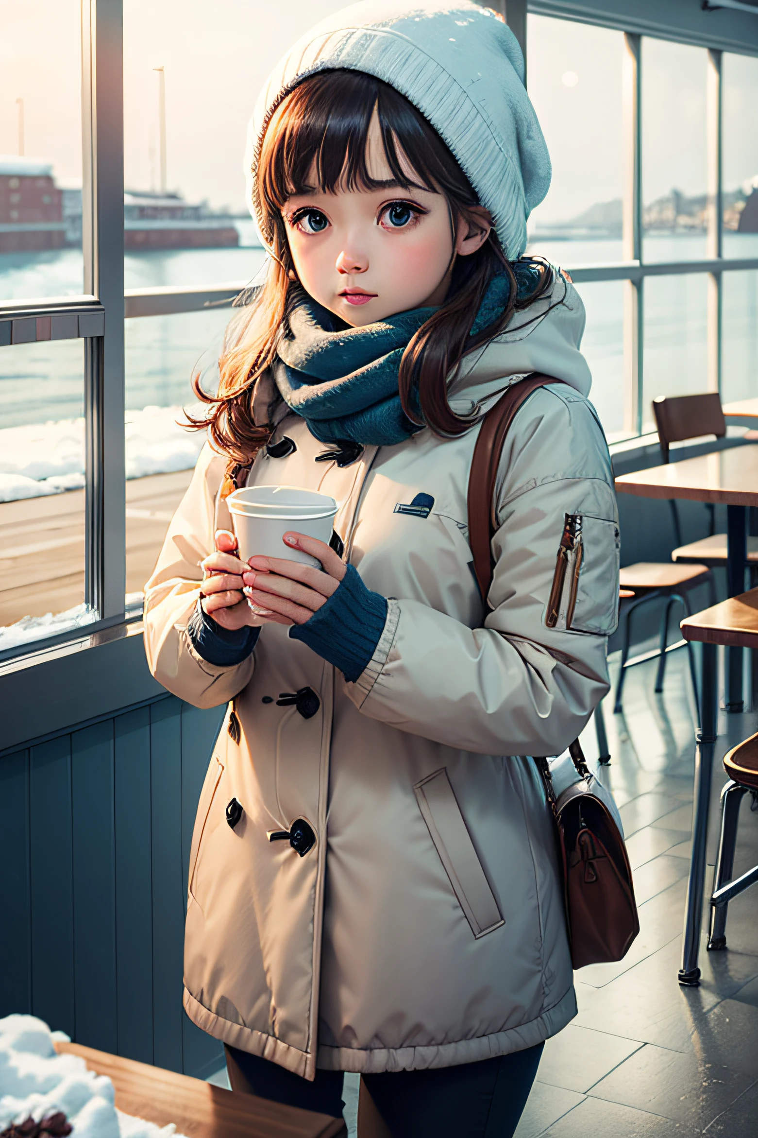 best quality, detailed background, girl,sea, cafeteria, bird, snow, winter,