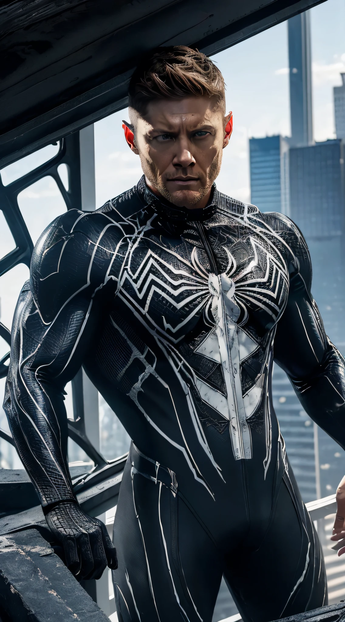 actor ((Jensen Ackles)) as ((Venom male)) from Marvel universe, (symbiote suit), (white spider sign on breast), on a roof of the scyscraper, sunlight, sunny day, intricate, high detail, sharp focus, dramatic, photorealistic painting art by greg rutkowski
