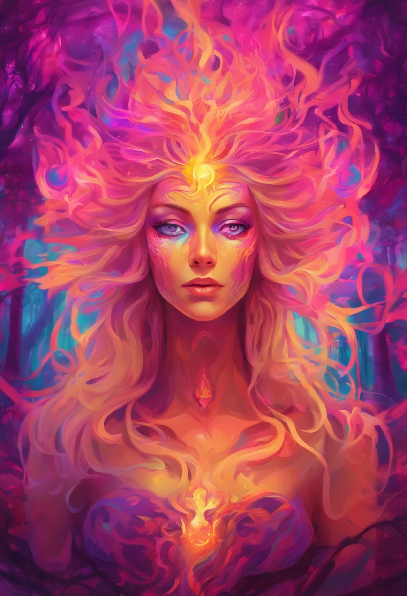 female with glowing purple eyes, blonde hair, witch, goddess, casting glowing spells, in mystical fantasy woods, evil smirk