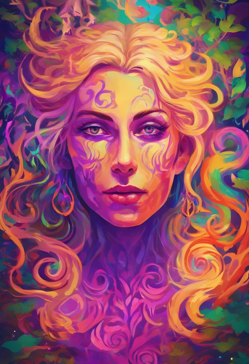 female with glowing purple eyes, blonde hair, witch, goddess, casting glowing spells, in mystical fantasy woods, evil smirk