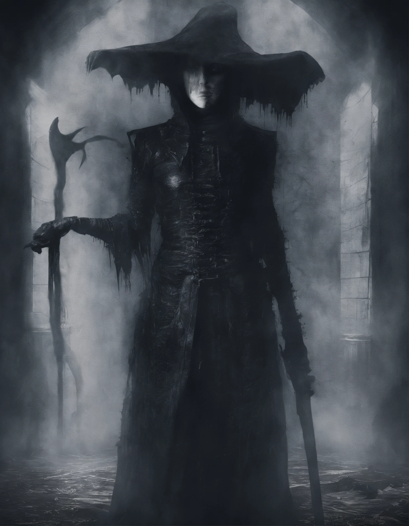 Best quality, Masterpiece, 超高分辨率, (photograph realistic:1.4), shinigami，Scythe surrealism, Dream-like,fusionart, Shadowdancer, shadow magic, darkness control, stealth, shadowstep, umbral spells, hidden blade,Creepy realistic ghost images