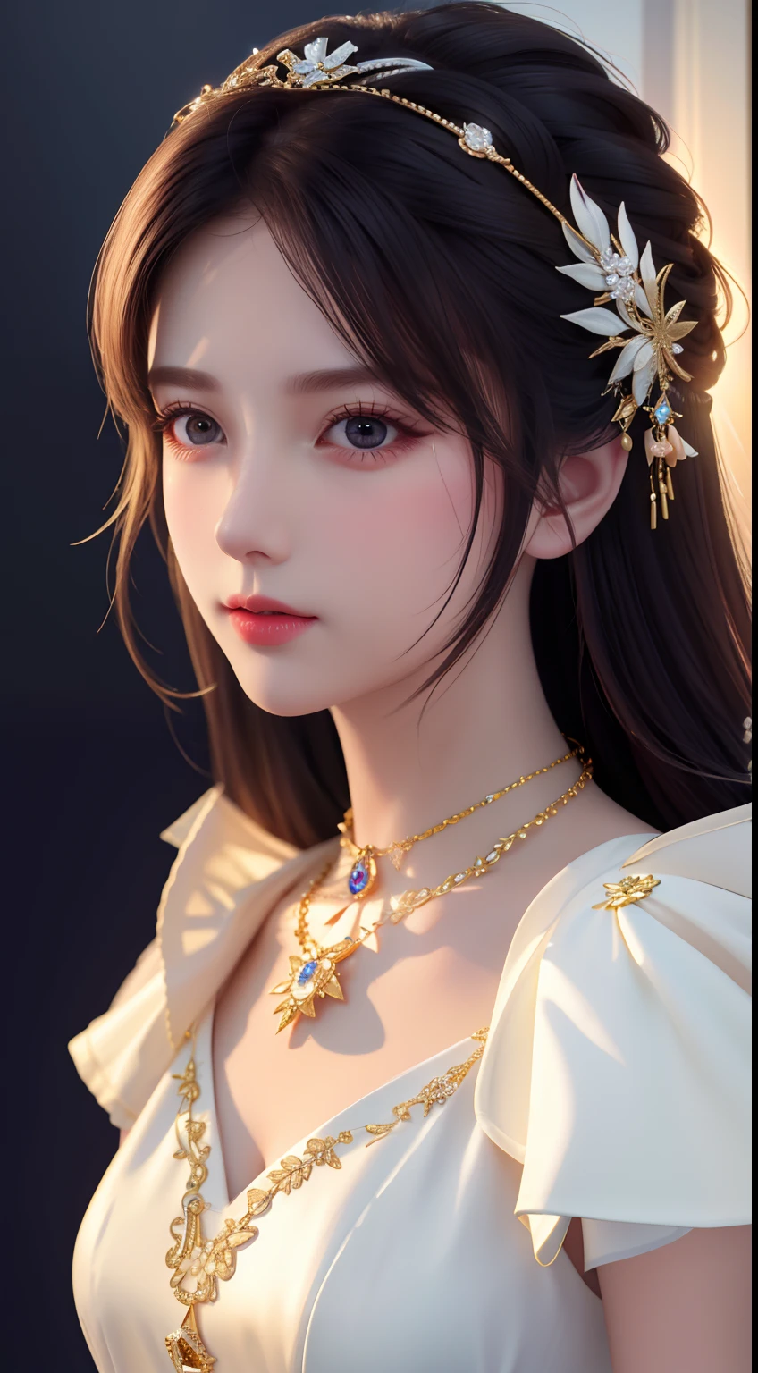 Best Quality, Masterpiece, High Resolution, 1 Girl, Porcelain Dress, Hair Accessories, Necklace, Jewelry, Beautiful Face, Physics, Tyndall Effect, Realistic, Dark Studio, Rim Lighting, Duotone Lighting, (High Detail Skin: 1.2), 8k uhd, DSLR, soft light, high quality, volumetric light, candid, photo, high resolution, 4k, 8k, bokeh
