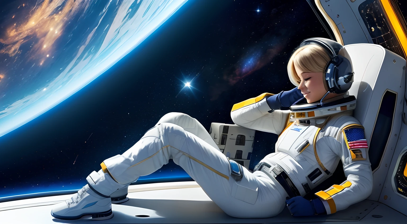 realistic Illustration of a short blond female pilot exploring space ultra-high definition detail, She sits in her bedroom on the spaceship ultra-high definition detail, taking a rest listening to music exploring the unknown realm of the universe, It is characterized by her calm and brave figure, The background is an expanse of outer space with galaxies and nebula across space. The costume is a spaceship pilot's suit, ultra-high definition detail, deep space, she is in the space station, she is smiling, enjoying the music, she has her eyes open, comet leaving a trail of dust in the background