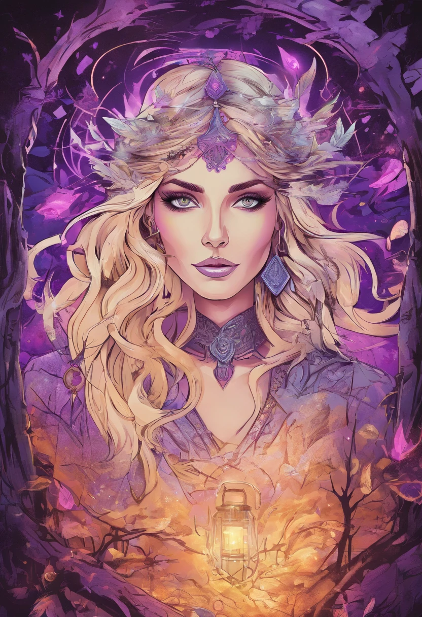female with glowing purple eyes, blonde hair, witch, goddess, casting glowing spells, in mystical fantasy woods, evil smirk