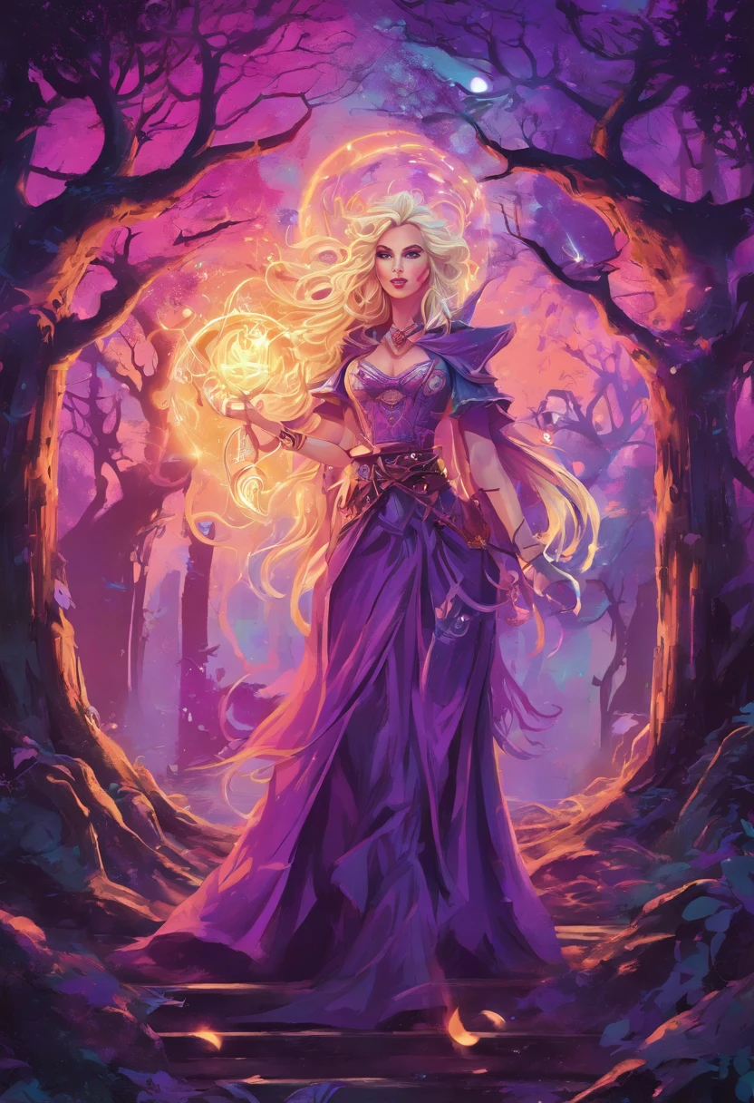 (best quality, highres, ultra-detailed, realistic:1.37), female, glowing purple eyes, long flowing blonde hair, witch, goddess, casting glowing spells, mystical fantasy woods, evil smirk, enchanted atmosphere, hauntingly beautiful, ethereal, dark magic, mesmerizing, captivating, mysterious aura, wisps of magic, moonlit glimmer, ancient power, bewitching presence, enchanting glow, intricate spellcasting, swirling energy, mystical symbols, surreal landscape, majestic trees, vibrant foliage, moonlight filtering through the branches, flickering lights, magical creatures, enchanting melodies, otherworldly whispers, ethereal haze, divinely powerful, aura of darkness, enchanting beauty, spellbinding gaze, magical essence, intoxicating charm, femme fatale, mythical realm, hauntingly seductive, spellbound onlookers