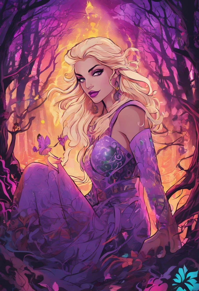 A moon elf greatly resembling Paris Hilton (age 25, blue skin, violet eyes, silver hair, sheer spider silk lingerie, silver body jewelry) is walking through a spider infested haunted woods, webs obscure the moon and carpet the ground. Immense webs and spiders in the tree tops.
