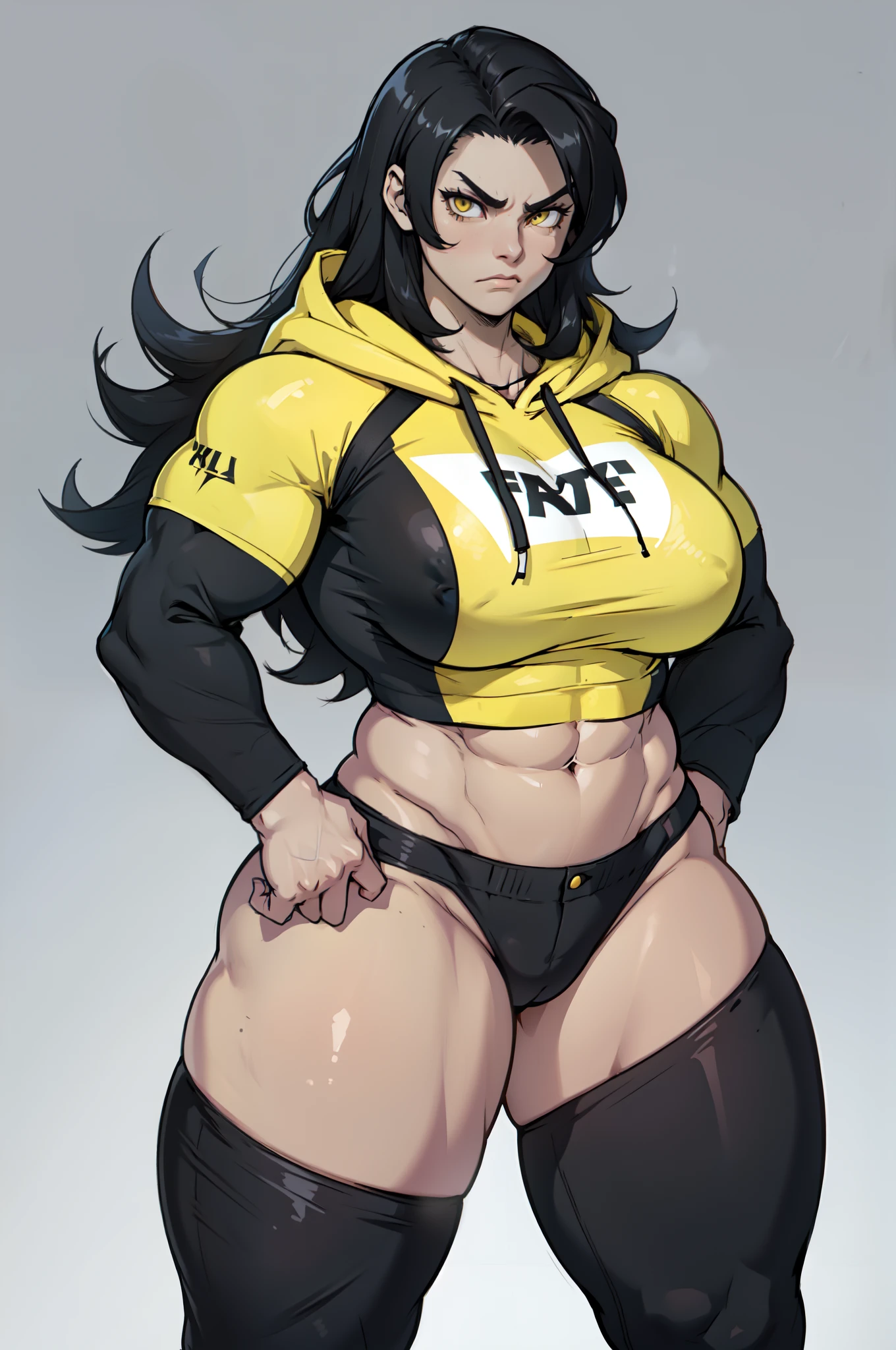 ((grey background)), solo, ((((1 girl)))), very long hair, black hair, angry, yellow eyes, (((((muscular))))), (huge tits), (thick thighs), (wide hips), pale skin, standing, slick hair, (curvy), hoodie, tight pants