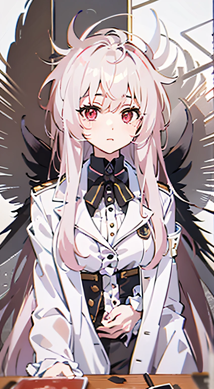 Anime shoujo,Canary anthropomorphism,Master masterpieces,White open-belly T-shirt,a black trench coat,red color eyes,White color hair,long whitr hair,solo person,Black Phoenix