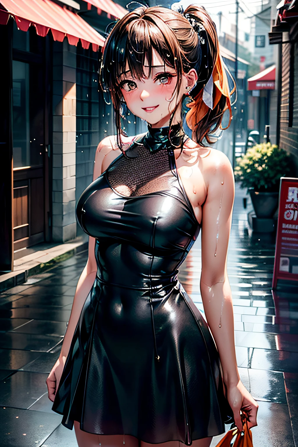 Gothic lolita,sologirl,Back alley in heavy rain,Drenched goth loli girl,piercings,Goth Slow Remake,Goth loli dress,(The whole body is soaking wet,Rainwater dripping from the face,Wet face,wetting hair,Wet and glowing skin,Soaking wet costumes,),(Glossy light brown and orange two-tone hair,Short ponytail),(The composition of the princess's face,big eye,Pointed lips,red lipsticks,Cute round face,A smile that makes the viewer happy,blushing with embarrassment,red blush,),(The 8k quality,masutepiece,top-quality,Ultra-high resolution output image,),intricate detailes,(Highly detailed raw full-body photographs:1.3),(Image Mode Ultra HD),