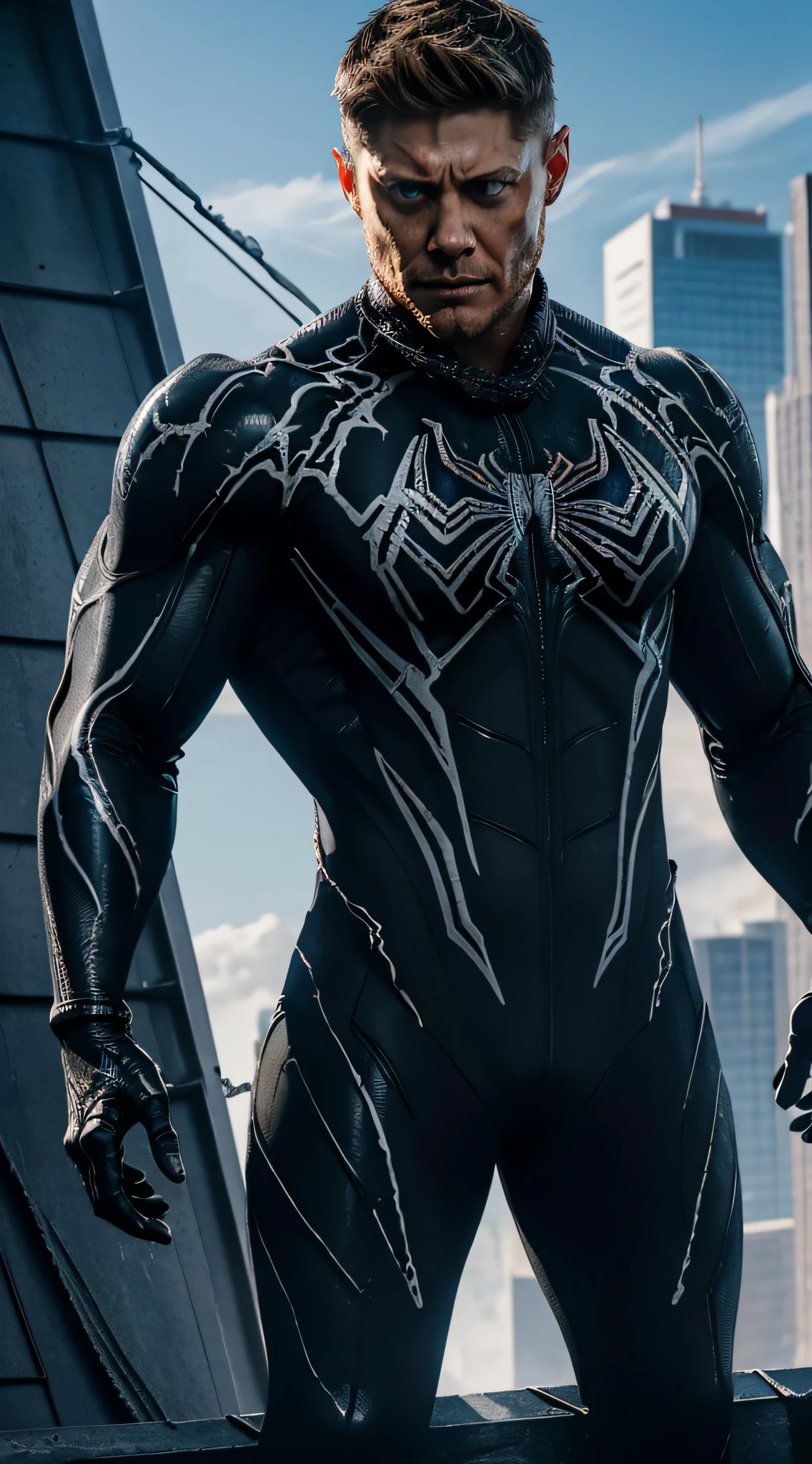 actor ((Jensen Ackles)) as ((Venom male)) from Marvel universe, (symbiote suit), (white spider sign on breast), on a roof of the scyscraper, sunlight, sunny day, intricate, high detail, sharp focus, dramatic, photorealistic painting art by greg rutkowski