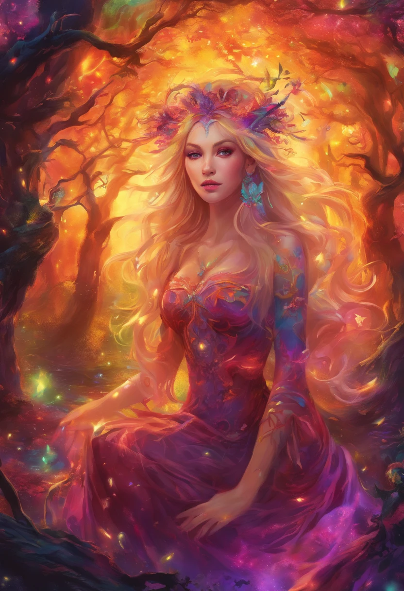 (best quality, highres, ultra-detailed, realistic:1.37), female, glowing purple eyes, long flowing blonde hair, witch, goddess, casting glowing spells, mystical fantasy woods, evil smirk, enchanted atmosphere, hauntingly beautiful, ethereal, dark magic, mesmerizing, captivating, mysterious aura, wisps of magic, moonlit glimmer, ancient power, bewitching presence, enchanting glow, intricate spellcasting, swirling energy, mystical symbols, surreal landscape, majestic trees, vibrant foliage, moonlight filtering through the branches, flickering lights, magical creatures, enchanting melodies, otherworldly whispers, ethereal haze, divinely powerful, aura of darkness, enchanting beauty, spellbinding gaze, magical essence, intoxicating charm, femme fatale, mythical realm, hauntingly seductive, spellbound onlookers
