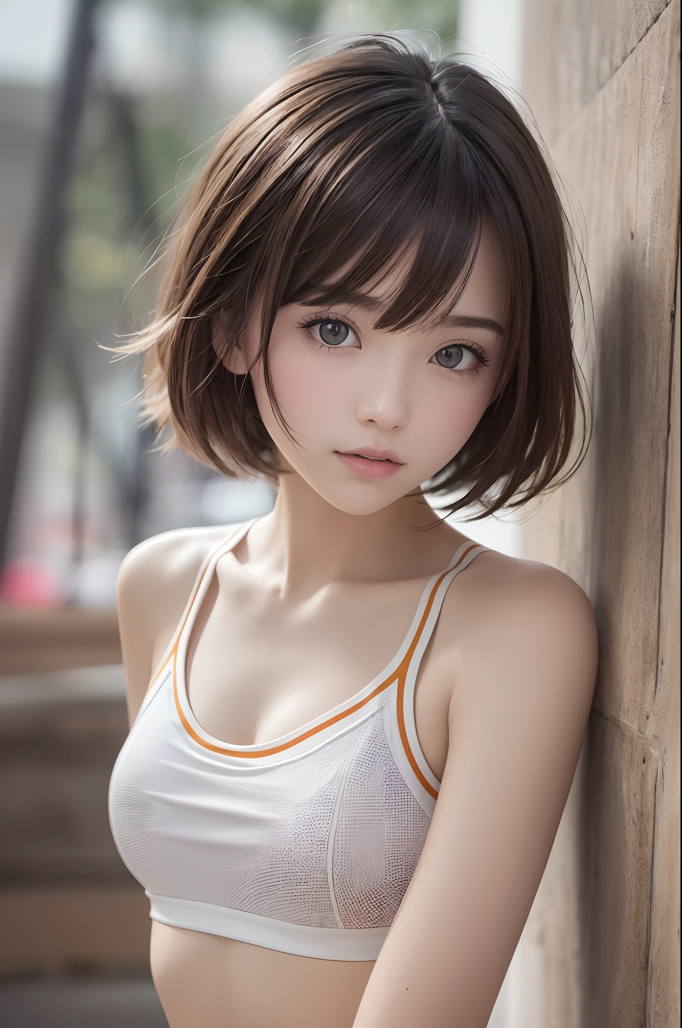 ((sfw: 1.4)), ((sfw, extra short hair, sidelocks-hair, 1 Girl)), Ultra High Resolution, (Realistic: 1.4), RAW Photo, Best Quality, (Photorealistic Stick), Focus, Soft Light, ((15 years old)), ((Japanese)), (( (young face))), (surface), (depth of field), masterpiece, (realistic), woman, bangs, ((1 girl))