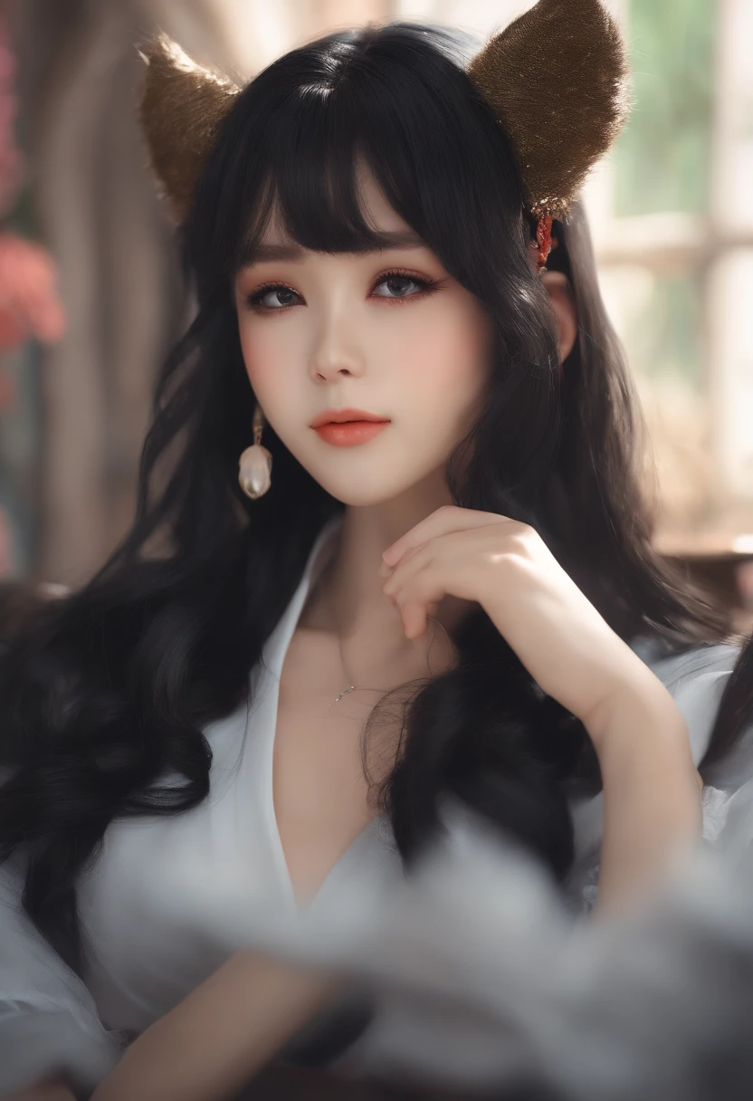 black hair, hair bobbles, wince, longeyelashes, solid circle eyes, fake animal ears, light smile, ear blush, fang, drop shadow, anaglyph, stereogram, tachi-e, pov, atmospheric perspective, anime style, depth of field, rococo style, Romanticism, 8k, super detail, ccurate, best quality