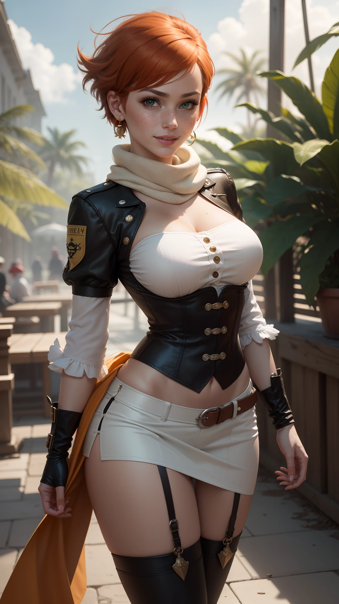 gwen tennyson,tracer,yorha 2b,rebecca chambers,pirate outfit,jungle,pirate jacket,ager,green eyes,garter belt, thigh high boots,short hair,orange hair, pirate ship,shy smile,white striped top, bodycon skirt,freckles,redhead,pirate corset,beautiful girl,large breasts,ultra detailed,realistic,long scarf,pearl earrings,treasure island,