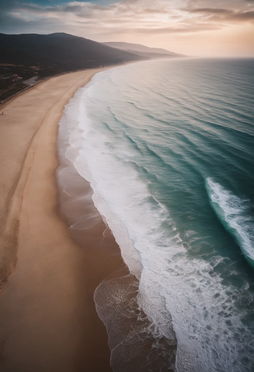 Overhead view of a beach with waves, top down view, calm, tranquil