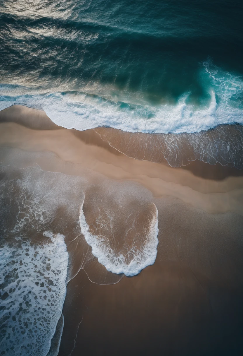 Overhead view of a beach with waves, top down view, calm, tranquil
