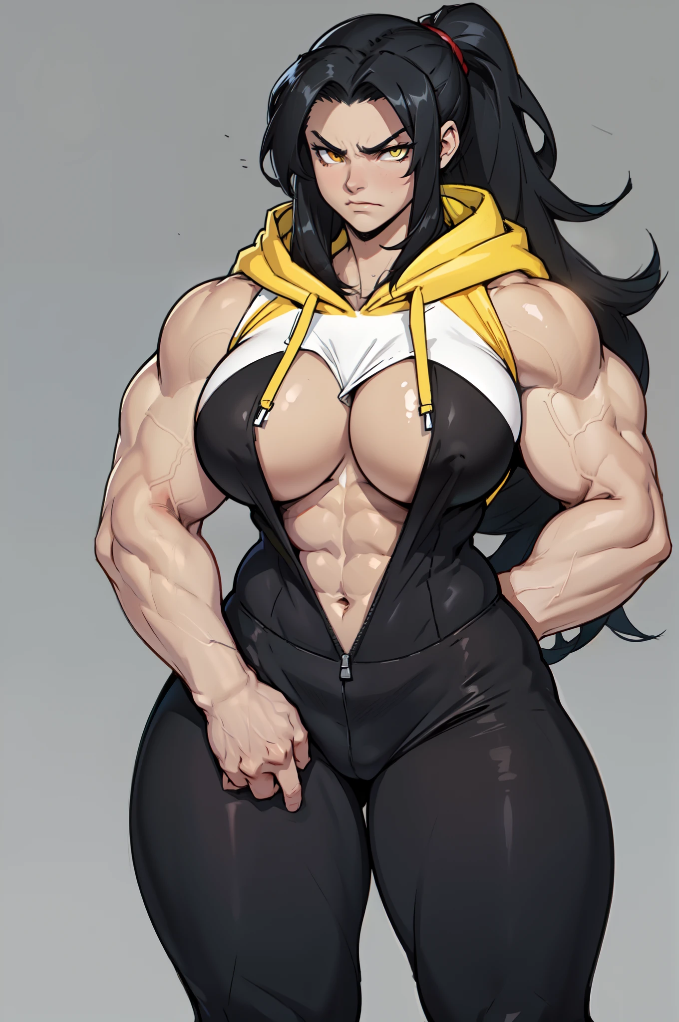 ((grey background)), solo, ((((1 girl)))), very long hair, black hair, angry, yellow eyes, (((((muscular))))), (huge tits), (thick thighs), (wide hips), pale skin, standing, slick hair, (curvy), leotard, hoodie, tight pants