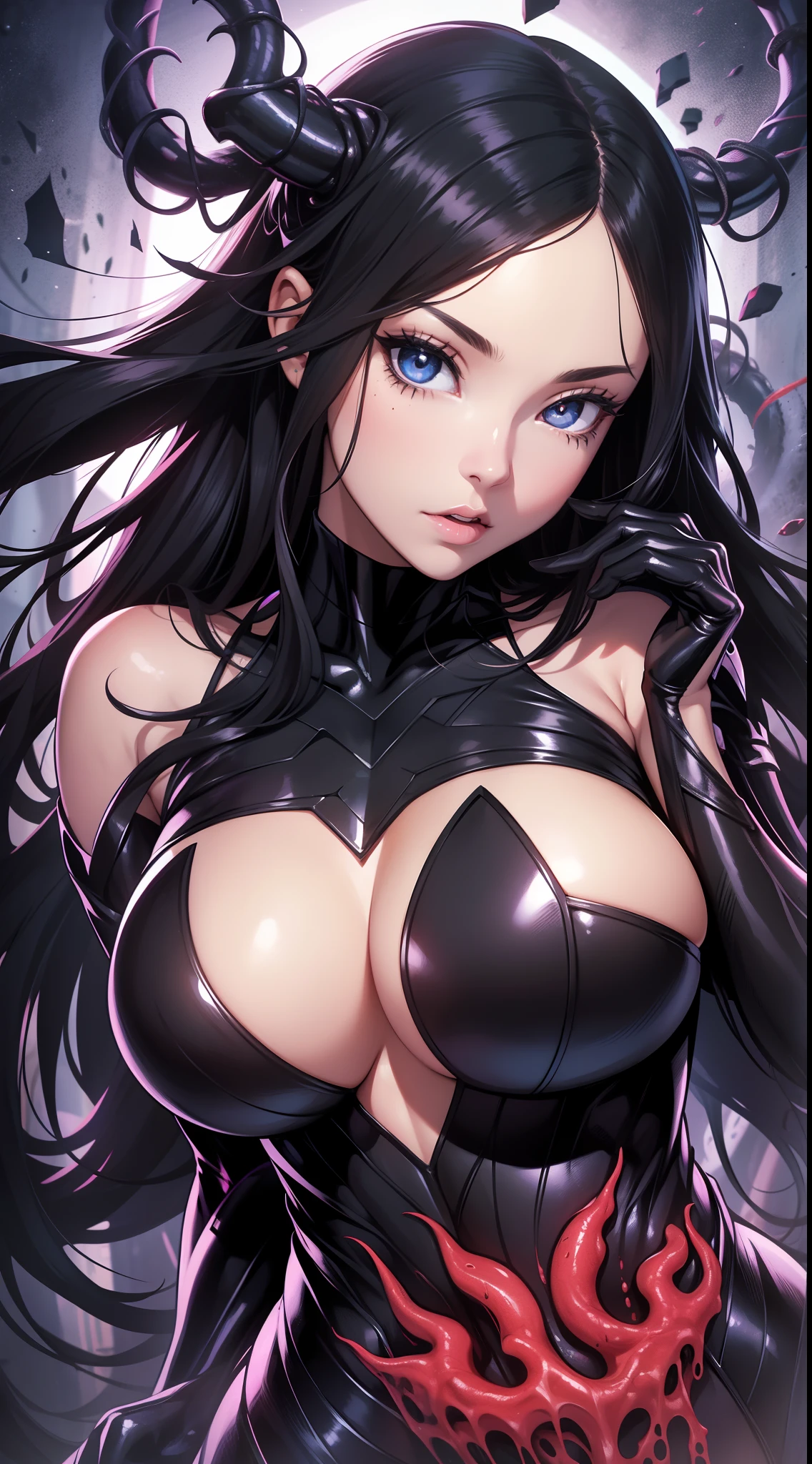 young girl, Long black hair, Black Eyes, open breasts, symbiote, venom (Marvel), The Venom Woman, Tentacles, Masterpiece, hiquality, 4k, HD, Good detail