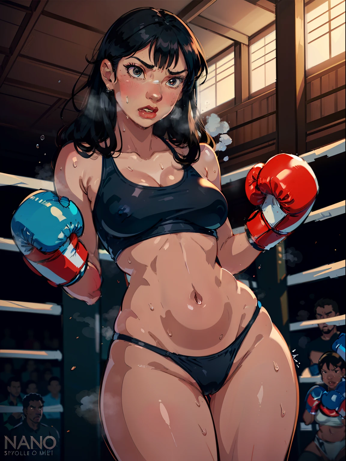 ((Nani peleki)), Sexy lips, blue thong, nude , ((Boxing gloves)), Big ,Sweat all over the body, bouncing breast, small boobs, curvy body,(Ecstatic look),steam, angry eyes, accurate anatomy, NSFW,Female face, pornographic
