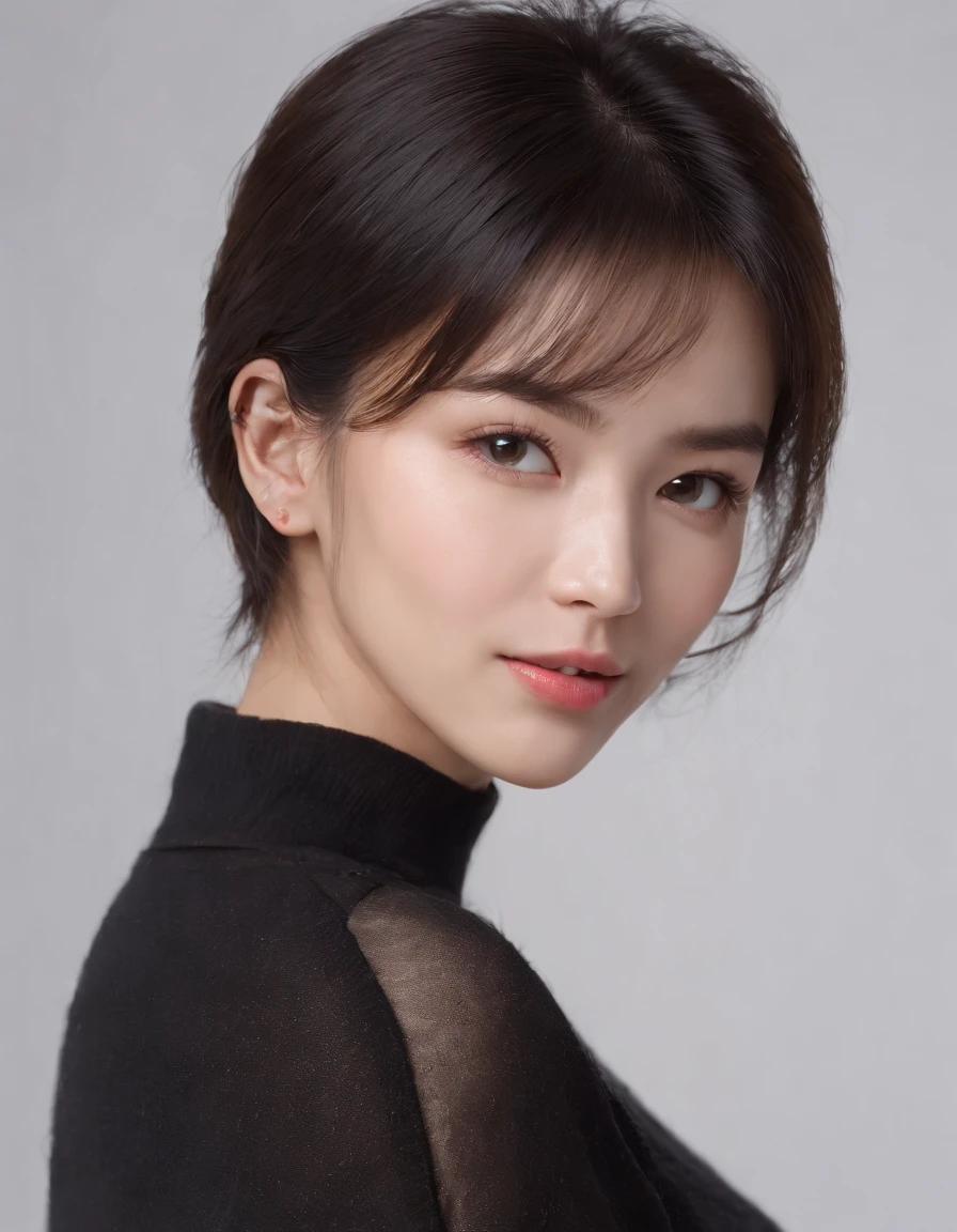 ((Side view)),(Masterpiece:1.3), (8K, Photorealistic, RAW photo, Best quality: 1.4), White background ,Kaihuai, Be happy, Show your teeth,(1girll), Beautiful face, (Realistic face), (Black hair, Short hair:1.3), Beautiful hairstyle, Realistic eyes, Beautiful detailed eyes, (Realistic skin), Beautiful skin, (Black sweater), absurderes, Attractive, 超高分辨率, Ultra photo realsisim, Highly detailed, Golden ratio