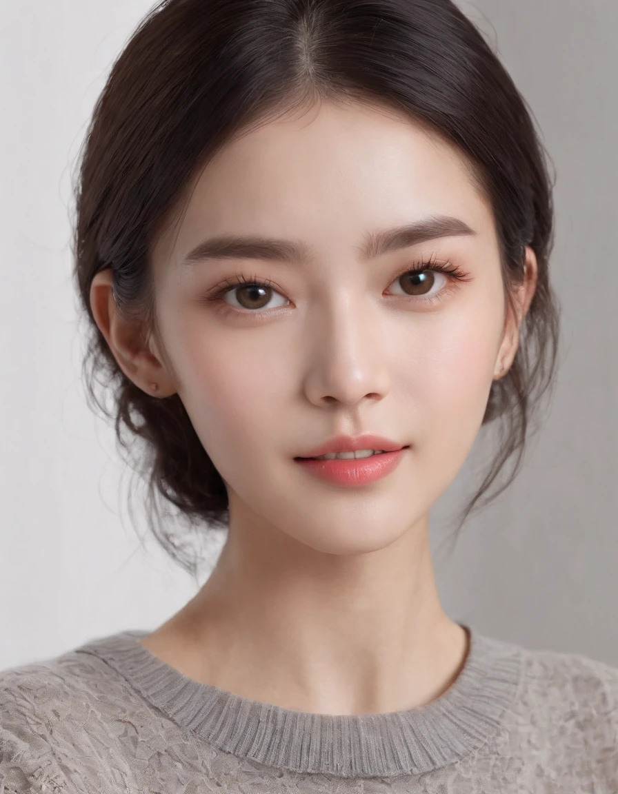 ((Side view)),(Masterpiece:1.3), (8K, Photorealistic, RAW photo, Best quality: 1.4), White background ,Kaihuai, Be happy, Show your teeth,(1girll), Beautiful face, (Realistic face), (Black hair, Short hair:1.3), Beautiful hairstyle, Realistic eyes, Beautiful detailed eyes, (Realistic skin), Beautiful skin, (Black sweater), absurderes, Attractive, 超高分辨率, Ultra photo realsisim, Highly detailed, Golden ratio