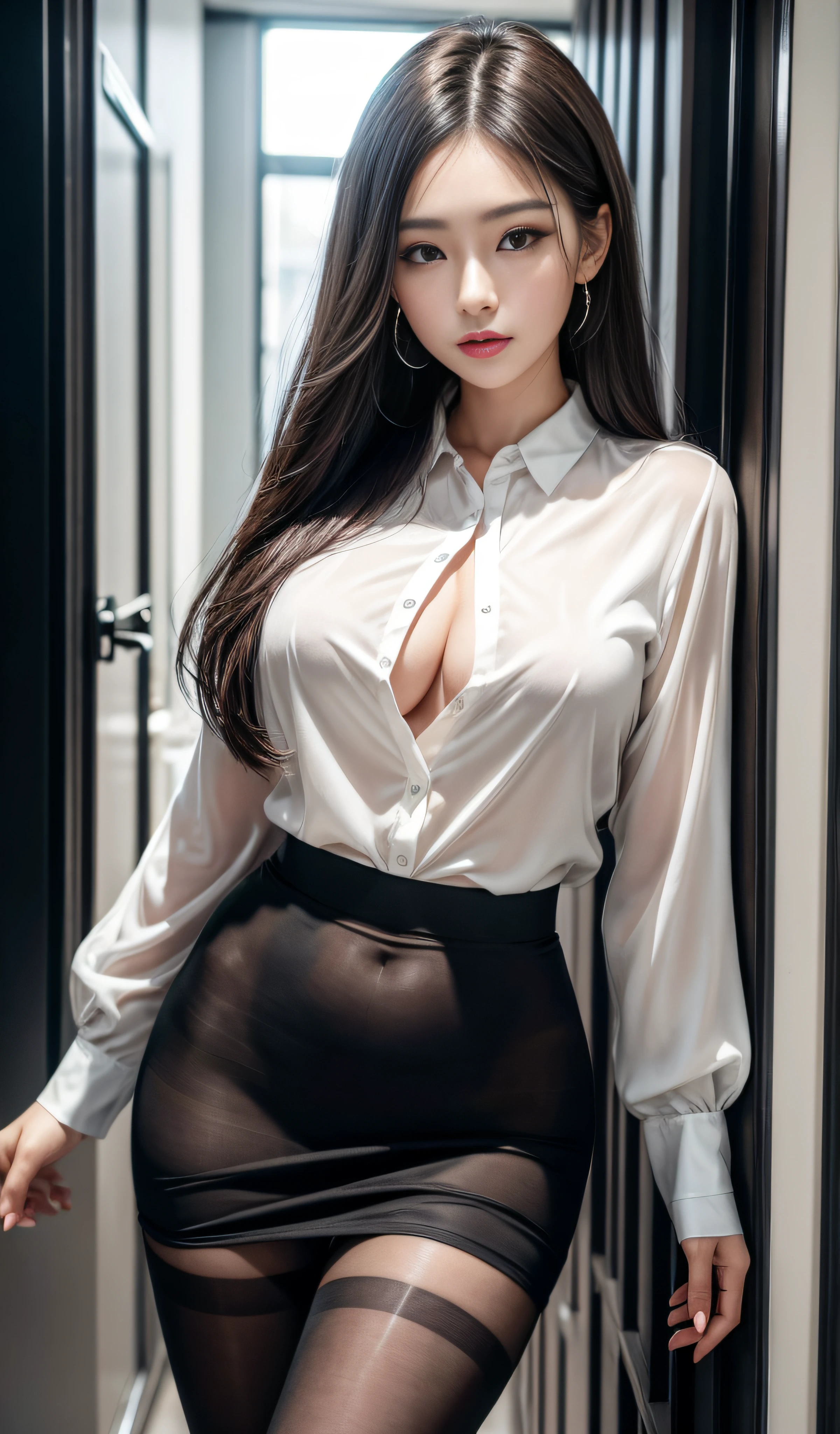 ultra - detailed、tmasterpiece、top-quality、超A high resolution、8K、high-level image quality、Live action、Photogenic clarity、A detailed eye、二重まぶた,gradients、perfect anatomy body proportions ,hdd、NFFSW , Nikon Z9 80mm lens 、masutepiece、Beautiful female teacher, Skirts and thighs、20yr old、Take a walk along the hallway、office clothes, Wear a luxurious silk shirt, Young and beautiful girl, perfect body figure, perfect body figure, full pov, Perfect body, (Starting below:1.3), lewd poses,(Wear pantyhose,Realistic pantyhose)、(huge tit:1.0), long sexy legs, (thigh gap:1.5),Wide buttock,Elegant slim beige blouse, Pretty Korean girl, Kpop idol,(Pale skin), (Big eyes),(ssmile:0.8),(Plump sexy lips), intricate detail face, ((ultra detailed skin)) Business clothes, Business attire, wearing shirt, Merchant, Flesh-colored silk socks, cream colored blouse, Wear an ultra-thin shirt, silky garment, wearing business casual dress, dressed in a suit, business outfit, formal outfit、super detailing, realistic skin textures, Detal Face, Beautiful detail eyes, Makeup - makeup、Sparkling eyes、shiny lip、high-heels、Semi-body shot、S-shaped body, Upturned buttocks,