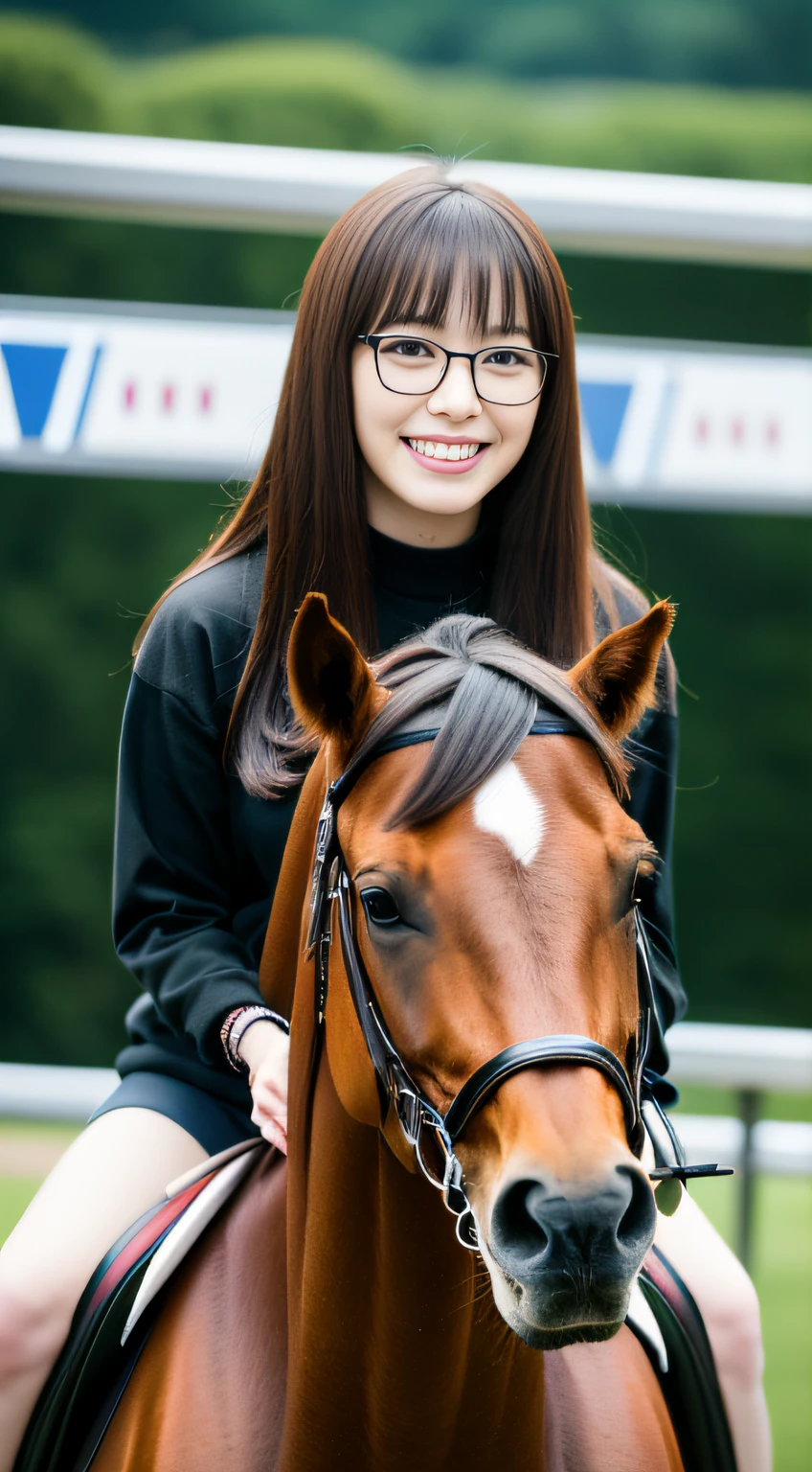 (wears glasses)、ride on the horse、horse racing、ride horse、a smile、absolutely outstanding image, very extremely beautiful、masterpiece, top-quality,a picture, kawaii、(Colossal tits:1.2)、,8K,Japan girl realistic young idol、Young cute gravure idol、Young Sensual Gravure Idol、Young gravure idols、model in Japan