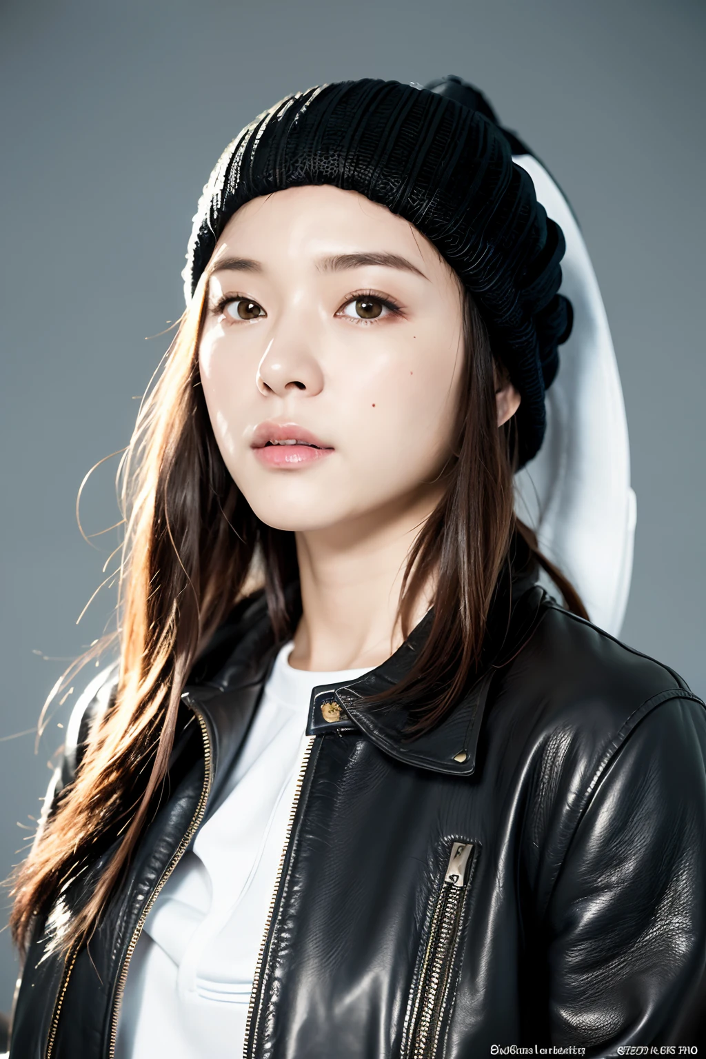 (
(8k:1.27), best quality, masterpiece, ultra highres:1.2) Photo of Pretty Japanese woman
 (beautiful:1.1) (sci-fi warrior woman:1.1) space soldier, (beanie:1.61) (leather jacket:1.21) intricate elegant, fantasy, detailed, ometric by greg rutkowski and alphonse mucha, gradient lighting