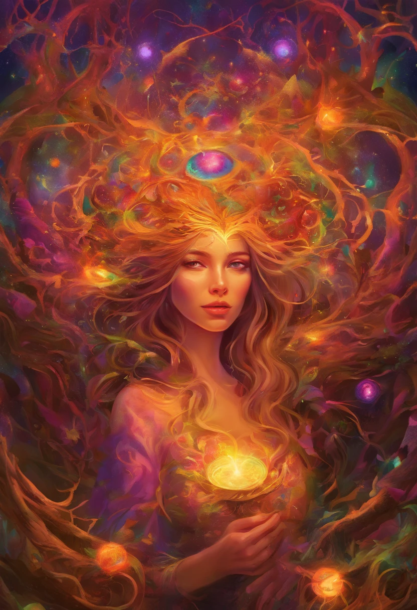 (best quality, highres, ultra-detailed, realistic:1.37), female, glowing purple eyes, long flowing blonde hair, witch, goddess, casting glowing spells, mystical fantasy woods, evil smirk, enchanted atmosphere, hauntingly beautiful, ethereal, dark magic, mesmerizing, captivating, mysterious aura, wisps of magic, moonlit glimmer, ancient power, bewitching presence, enchanting glow, intricate spellcasting, swirling energy, mystical symbols, surreal landscape, majestic trees, vibrant foliage, moonlight filtering through the branches, flickering lights, magical creatures, enchanting melodies, otherworldly whispers, ethereal haze, divinely powerful, aura of darkness, enchanting beauty, spellbinding gaze, magical essence, intoxicating charm, femme fatale, mythical realm, hauntingly seductive, spellbound onlookers