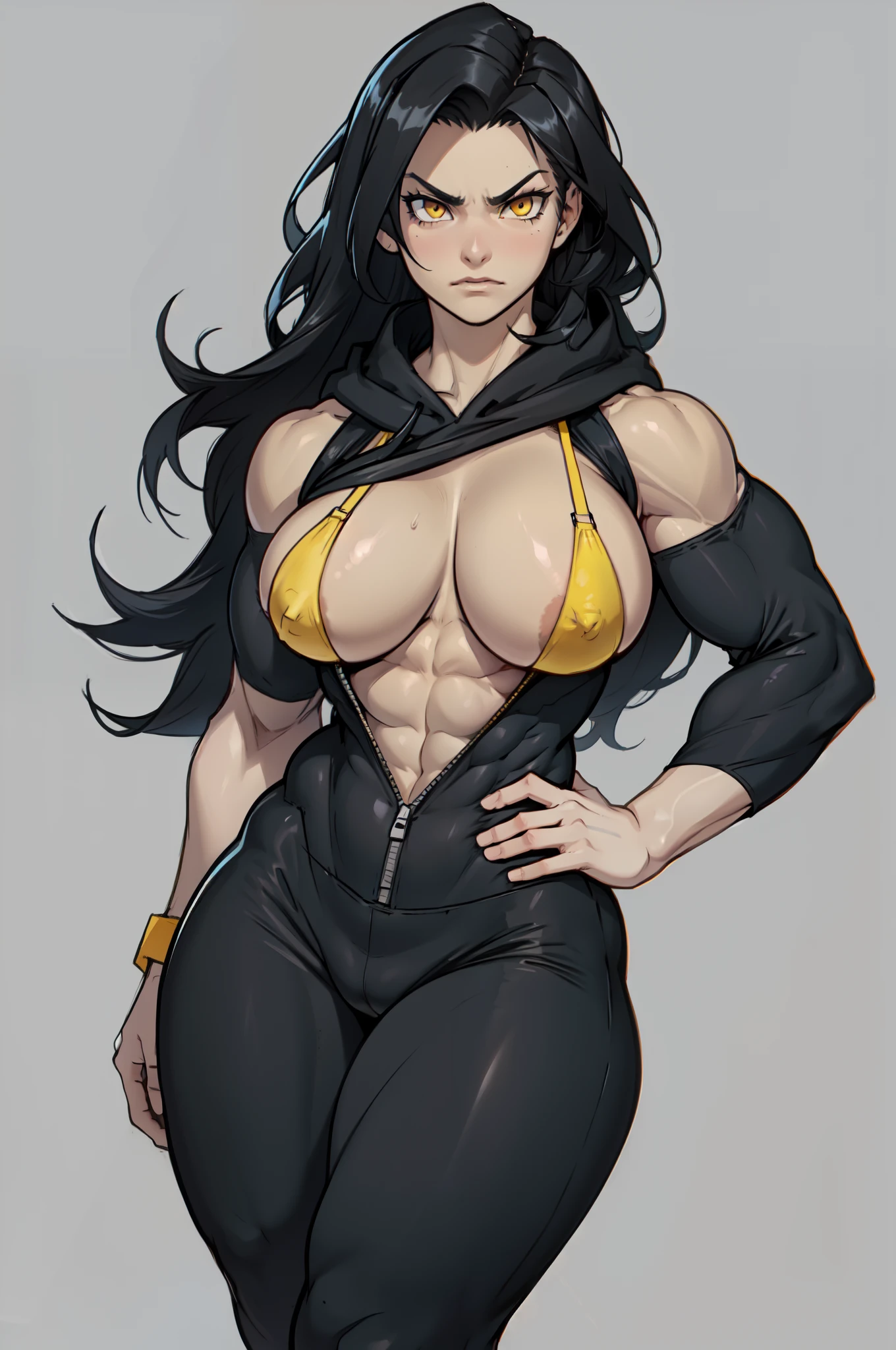 ((grey background)), solo, ((((1 girl)))), very long hair, black hair, angry, yellow eyes, (((((muscular))))), (huge tits), (thick thighs), (wide hips), pale skin, standing, slick hair, micro bikini, (curvy), leotard, hoodie, tight pants