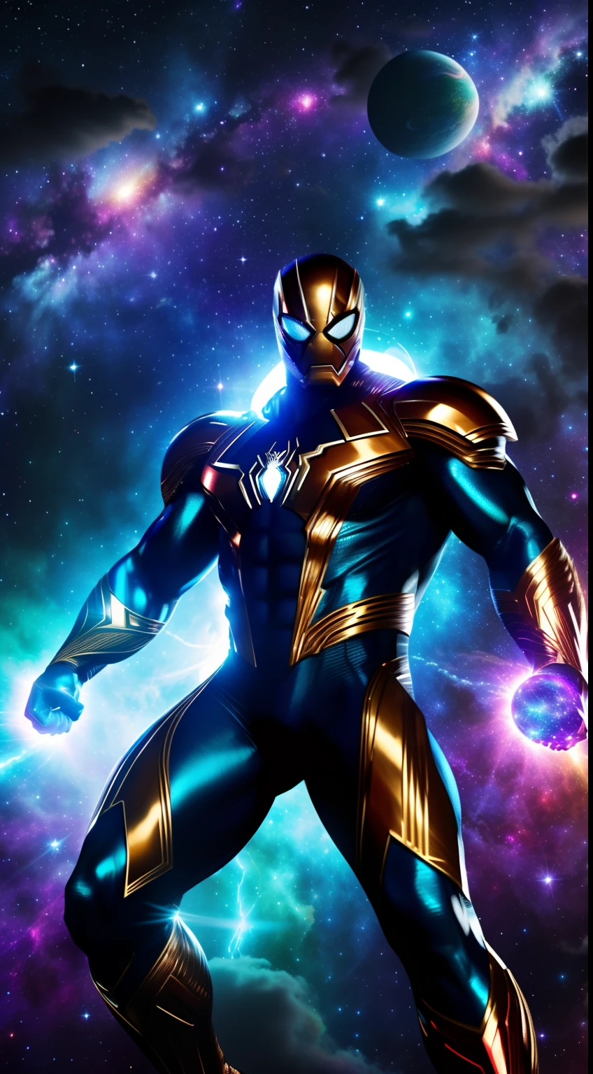(best quality,4k,highres,masterpiece:1.2),(ultra-detailed,extremely detailed,realistic:1.37),Spiderman version galactic,galactic version of Spiderman,Intricate details,hyper-detailed,hyper-detailed intricate design,detailed design,detailed costume,white and red shiny costume,shiny white and red suit,cyborg suit,cyborg-inspired suit,glowing eyes,glowing blue eyes,galactic backdrop,cosmic background,cosmic scene,cosmic elements,sparkling stars,galactic energy,star-filled universe,stars and galaxies,galactic sky,intricate web patterns,elaborate web designs,web-like cosmic patterns,crystal-like details,crystal-inspired elements,reflective surfaces,metalic texture,metal-like texture,smooth and shiny texture,emphasize the muscles,strong and muscular physique,heroic pose,dynamic pose,action pose,galactic superhero,galactic guardian,intergalactic protector,vibrant colors,powerful presence,superhuman strength,combating cosmic threats,unlimited cosmic power,colorful cosmic explosions,electrifying energy,amazing acrobatics,superhero in the galaxy,jumping and swinging through the universe,unleashing powerful cosmic blasts,cosmic webs and tendrils,galactic adventures,hero in space,exploring the unknown,adventures across galaxies,mesmerizing cosmic spectacle,colorful cosmic nebulas,interstellar travel,floating among the stars,cosmic hero's journey.