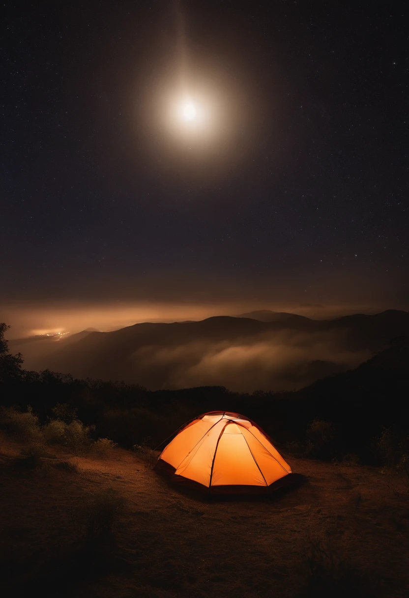 Photos of vast landscapes,(View from below,Above is the sky.,Below is an open flower field.),Triangle tent in the distance,Starriski,(full big moon:1.2),(meteorite:0.9),(Star Cloud:1.3),Far Mountain, The Art of Tree Break,(Warm light source:1.2),(glowworm:1.2),lamp,A lot of purple and orange.,intricate detailed,Vault Light,realism BREAK,Nature elements in the camping theme。Mysterious mountain views,Beautiful summer night sky,Good outdoors,Delicate leaves and branches surrounded by fireflies.(Natural composition),("Camping" subject),(glowworm),(Particle effect)and other 3D, Octane Rendering,Ray Thrashing,Super meticulous.
