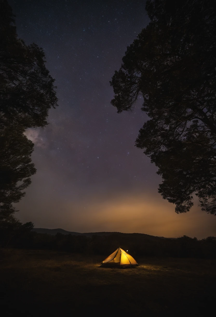 Photos of vast landscapes,(View from below,Above is the sky.,Below is an open flower field.),Triangle tent in the distance,Starriski,(full big moon:1.2),(meteorite:0.9),(Star Cloud:1.3),Far Mountain, The Art of Tree Break,(Warm light source:1.2),(glowworm:1.2),lamp,A lot of purple and orange.,intricate detailed,Vault Light,realism BREAK,Nature elements in the camping theme。Mysterious mountain views,Beautiful summer night sky,Good outdoors,Delicate leaves and branches surrounded by fireflies.(Natural composition),("Camping" subject),(glowworm),(Particle effect)and other 3D, Octane Rendering,Ray Thrashing,Super meticulous.