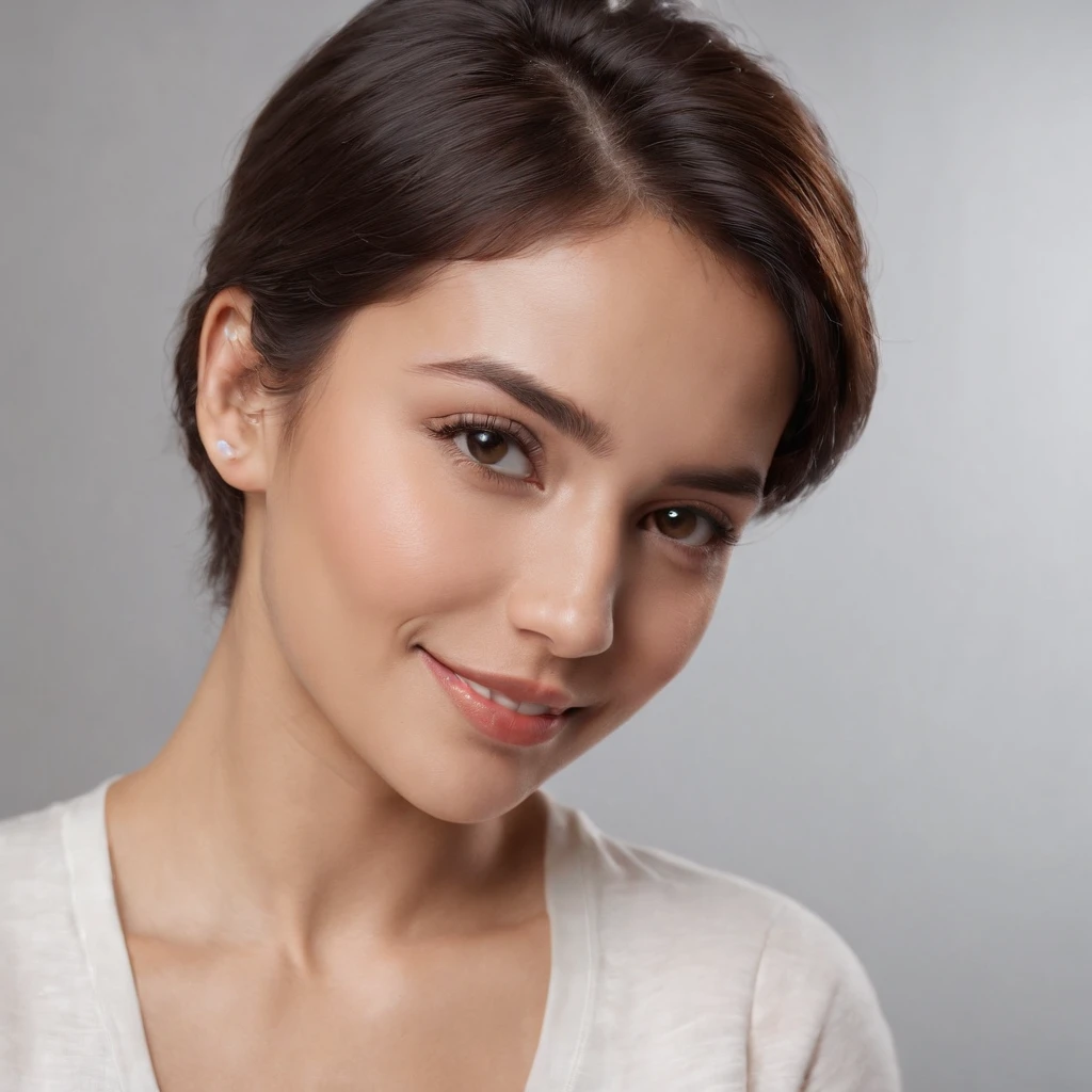 (Photo: 1.3) af (realism: 1.3), (Hispanic), Latina woman profile picture, (frontal close-up), soft light, clear face, happy, cheerful, warm light, white T-shirt, (off-white background), (blank background), ((gray wall background)) avatar, (short hair), smile, beautiful, young,, short hair, smile, (close-up)