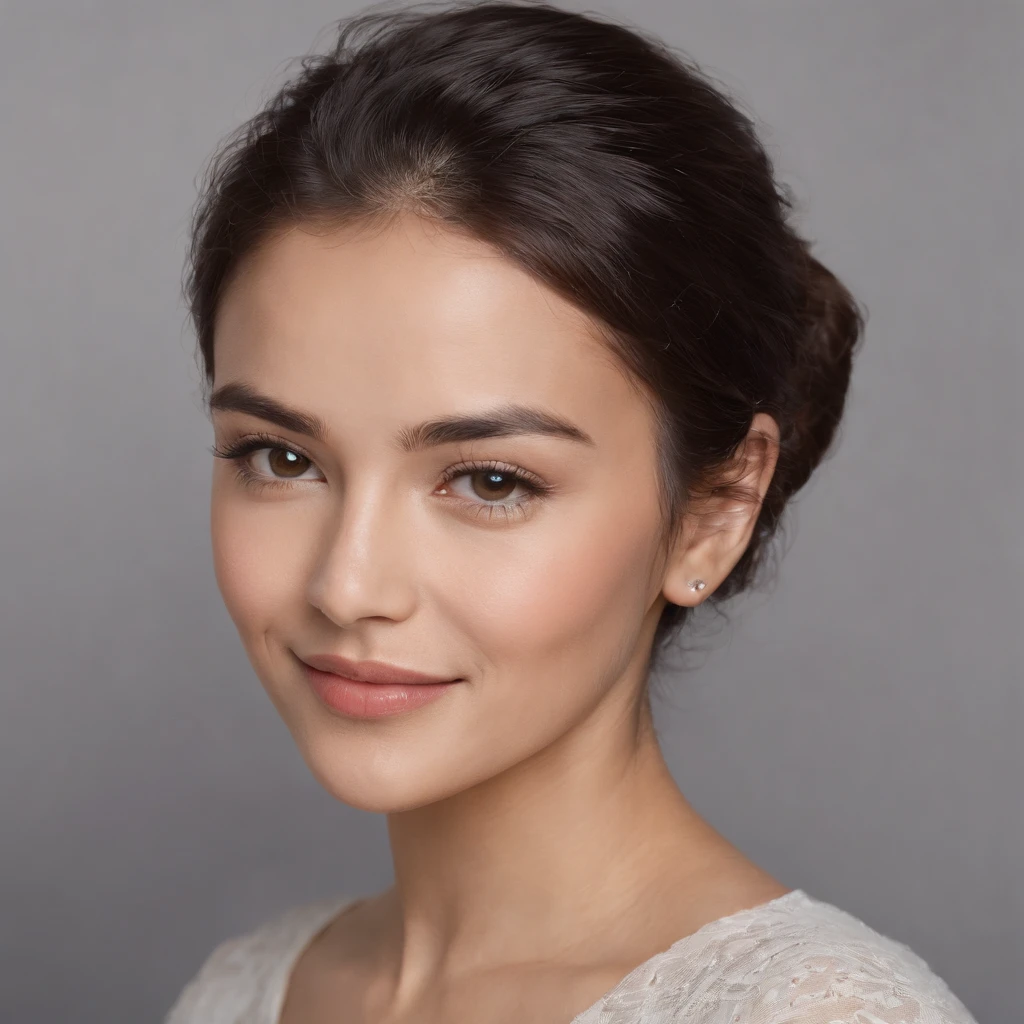 (Photo: 1.3) af (realism: 1.3), (Hispanic), Latina woman profile picture, (frontal close-up), soft light, clear face, happy, cheerful, warm light, white T-shirt, (off-white background), (blank background), ((gray wall background)) avatar, (short hair), smile, beautiful, young,, short hair, smile, (close-up)