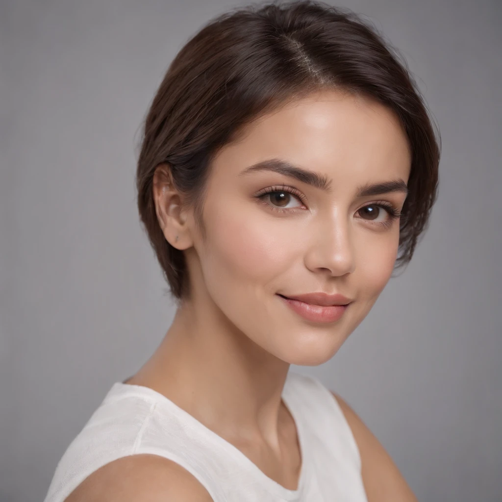 (Photo: 1.3) af (realism: 1.3), (Hispanic), Latina woman profile picture, (frontal close-up), soft light, clear face, happy, cheerful, warm light, white T-shirt, (off-white background), (blank background), ((gray wall background)) avatar, (short hair), smile, beautiful, young,, short hair, smile, (close-up)