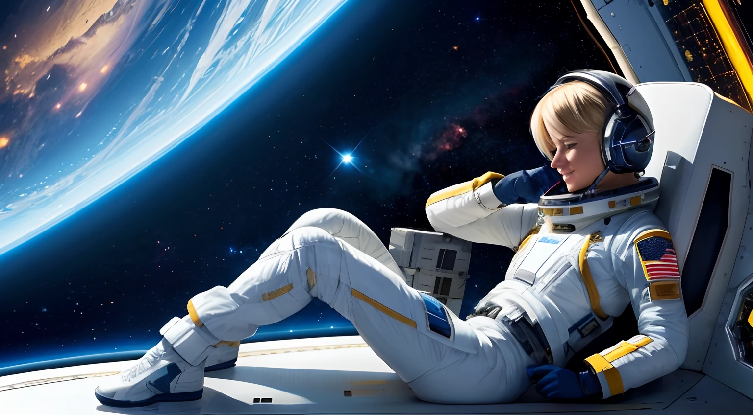 realistic Illustration of a short blond female pilot exploring space ultra-high definition detail, She sits in her bedroom on the spaceship ultra-high definition detail, taking a rest listening to music exploring the unknown realm of the universe, It is characterized by her calm and brave figure, The background is an expanse of outer space with galaxies and nebula across space. The costume is a spaceship pilot's suit, ultra-high definition detail, deep space, she is in the space station, she is smiling, enjoying the music, she has her eyes wide open, comet leaving a trail of dust in the background