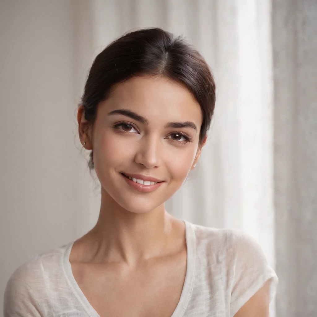 (Photo: 1.3) af (realism: 1.3), (Hispanic), Latina woman profile picture, (frontal close-up), soft light, clear face, happy, cheerful, warm light, white T-shirt, (off-white background), (blank background), ((gray wall background)) avatar, (short hair), smile, beautiful, young,, short hair, smile, (close-up)