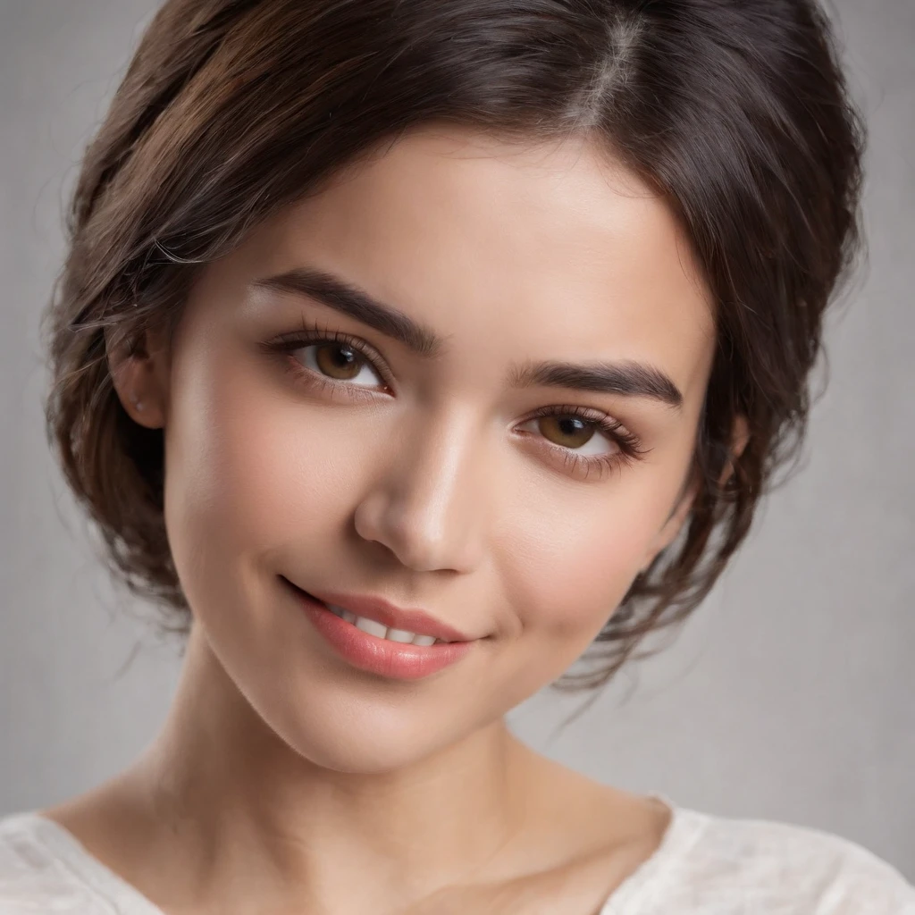 (Photo: 1.3) af (realism: 1.3), (Hispanic), Latina woman profile picture, (frontal close-up), soft light, clear face, happy, cheerful, warm light, white T-shirt, (off-white background), (blank background), ((gray wall background)) avatar, (short hair), smile, beautiful, young,, short hair, smile, (close-up)