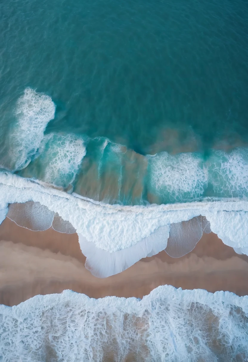 Overhead view of a beach with waves, top down view, calm, tranquil